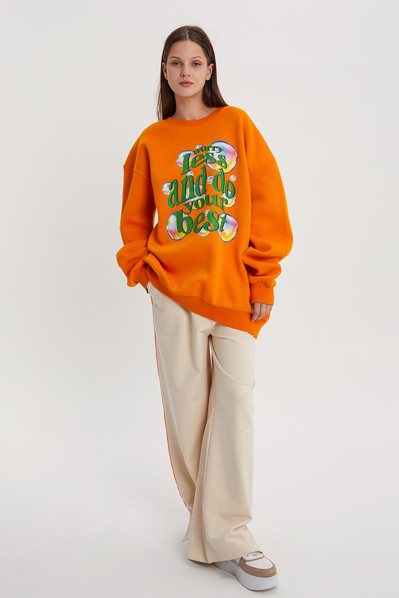 Turuncu-Baloncuk Baskılı Oversize Sweatshirt