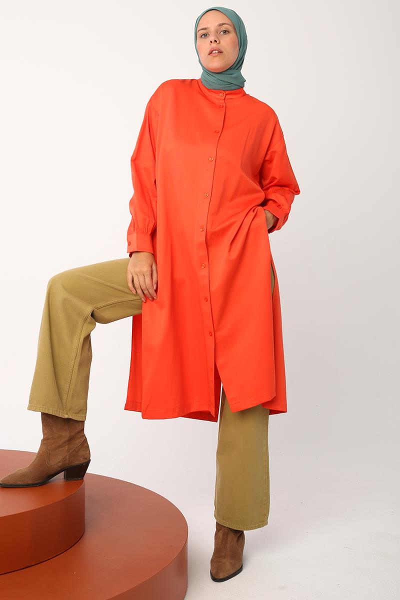Turuncu-Önü Arkası Düğmeli Derin Yırtmaçlı Gömlek Tunik