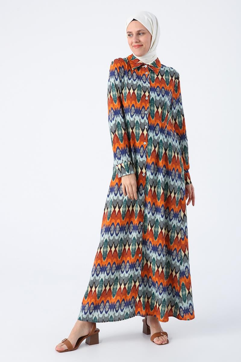 Orange-Sax-Dress Patterned Viscose Shirt Dress