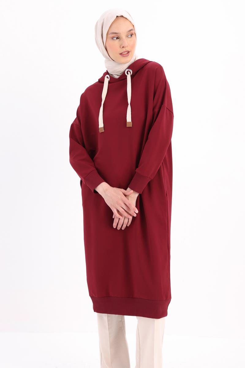 Vişne-Kuşgözlü Kapüşonlu Cepli Sweat Tunik