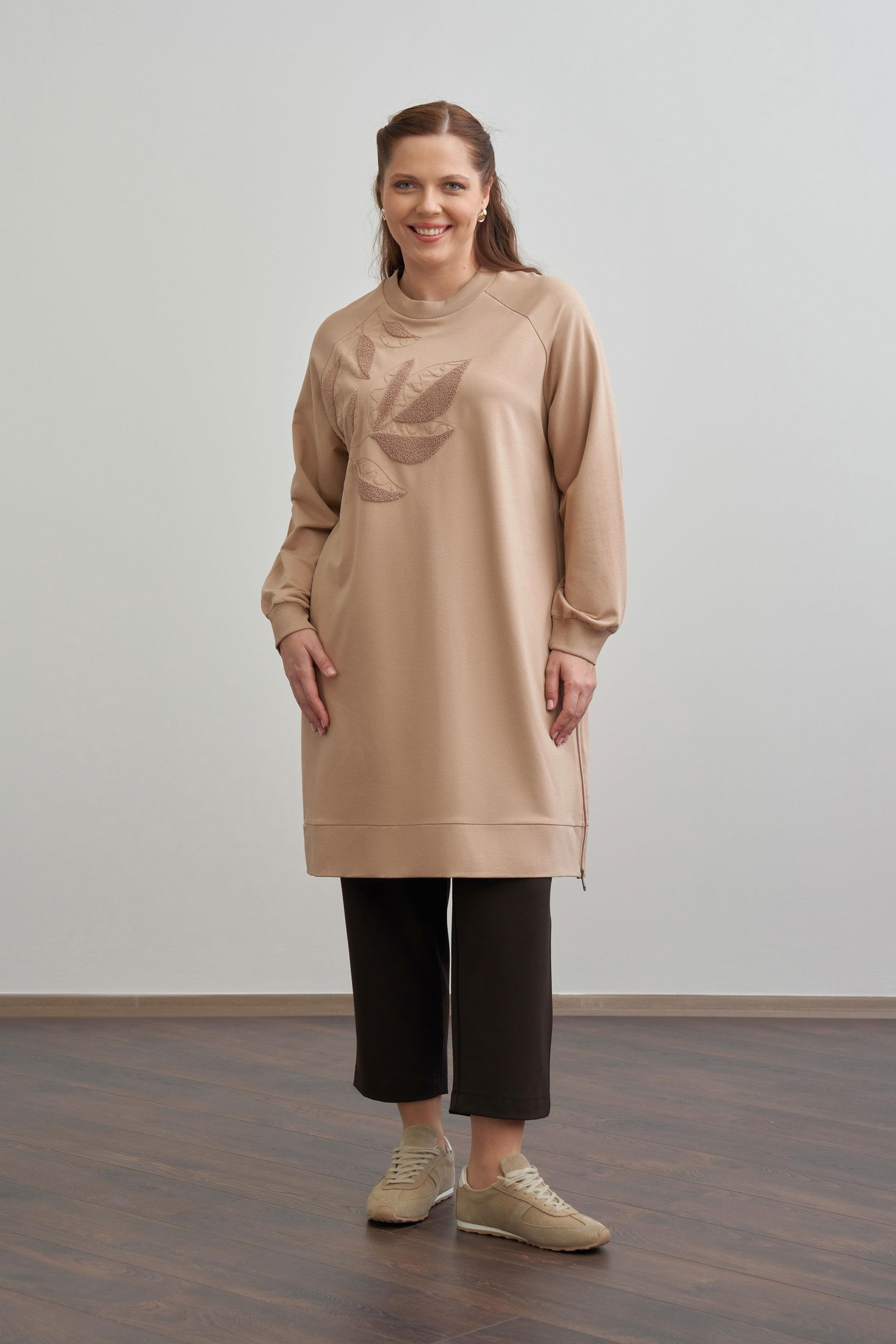 Vizon-Büyük Beden Pamuklu Yaprak Desenli Tunik