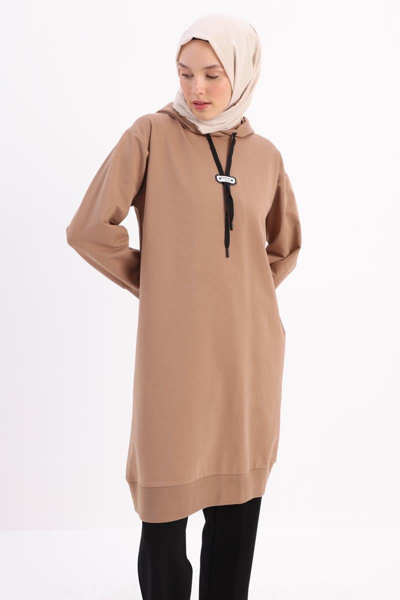 Vizon-Kapüşonlu Deri Aplikeli Sweat Tunik