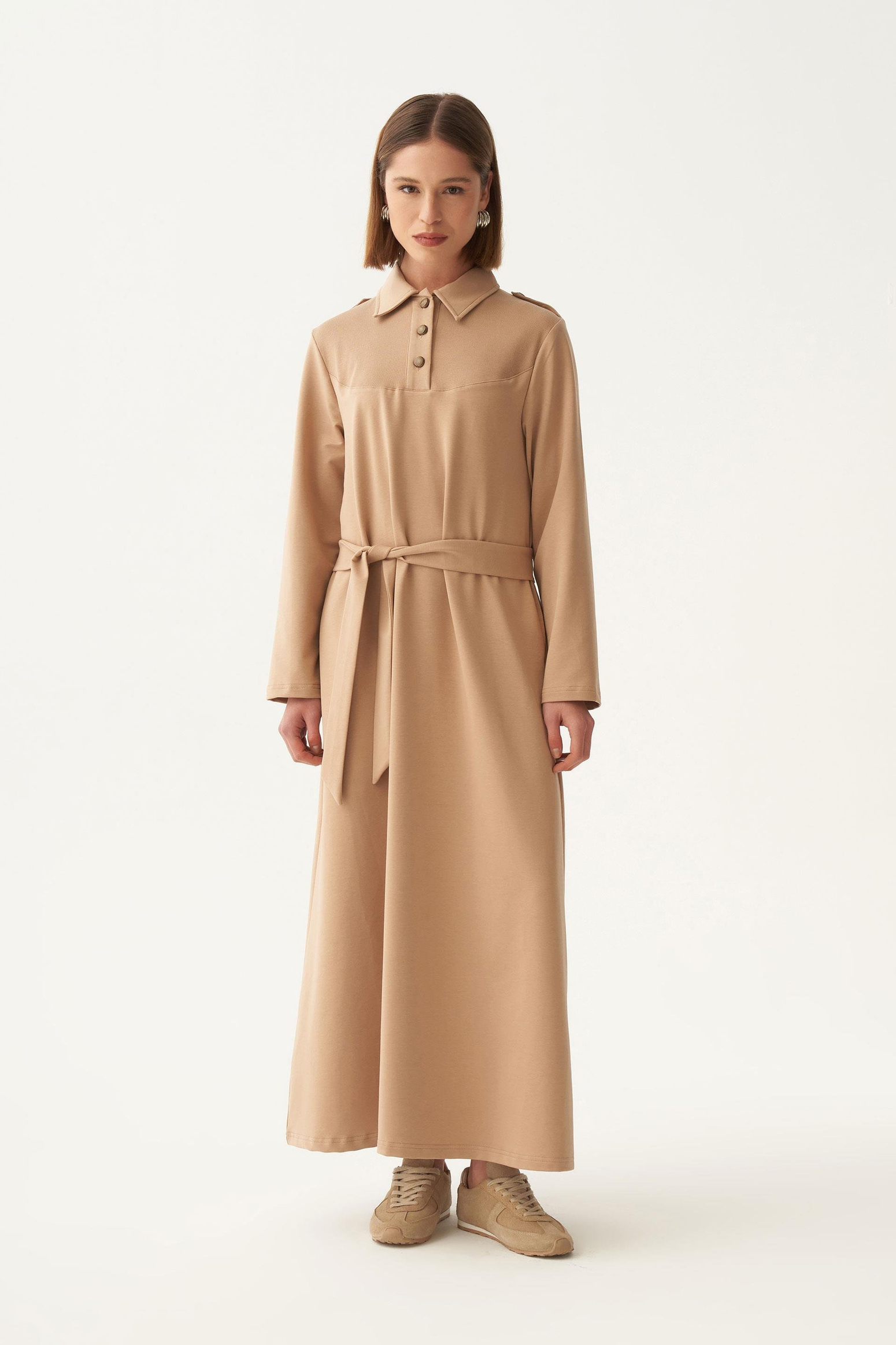 Vizon-Pamuklu Gömlek Yaka Apoletli Elbise