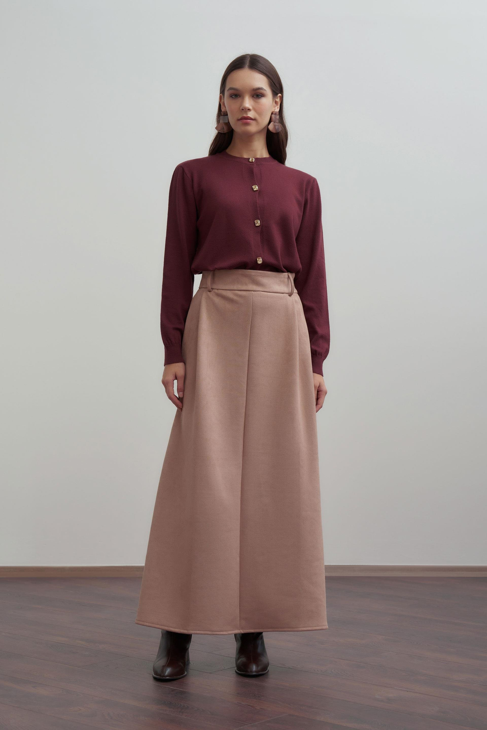 Vizon-Pili Detaylı Scuba Süet Etek