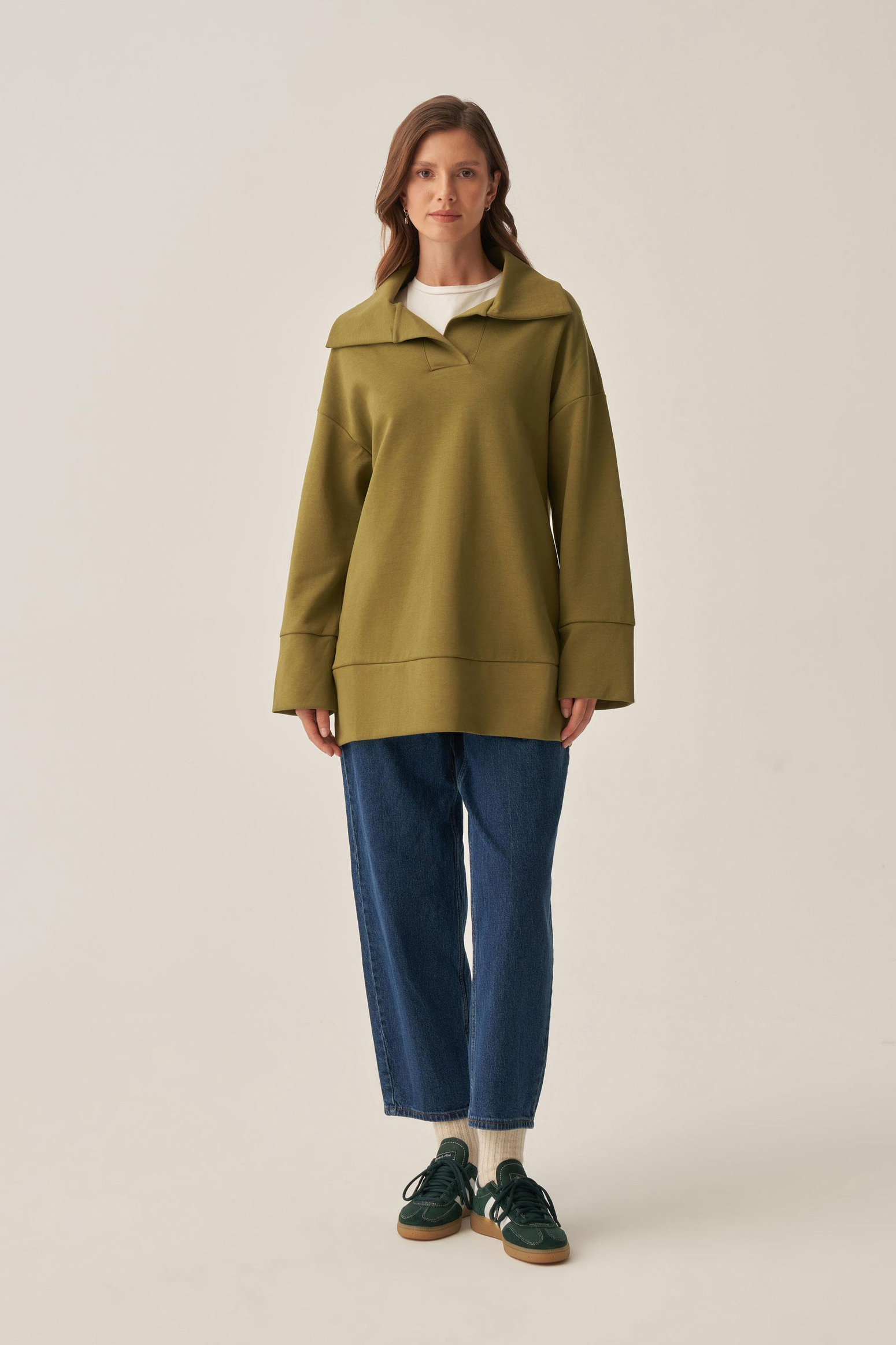 Yağ Yeşili-Polo Yaka İnterlok Sweatshirt