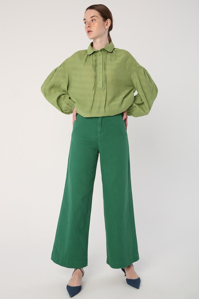 Green-100% Cotton Wide Leg Pocket Trousers