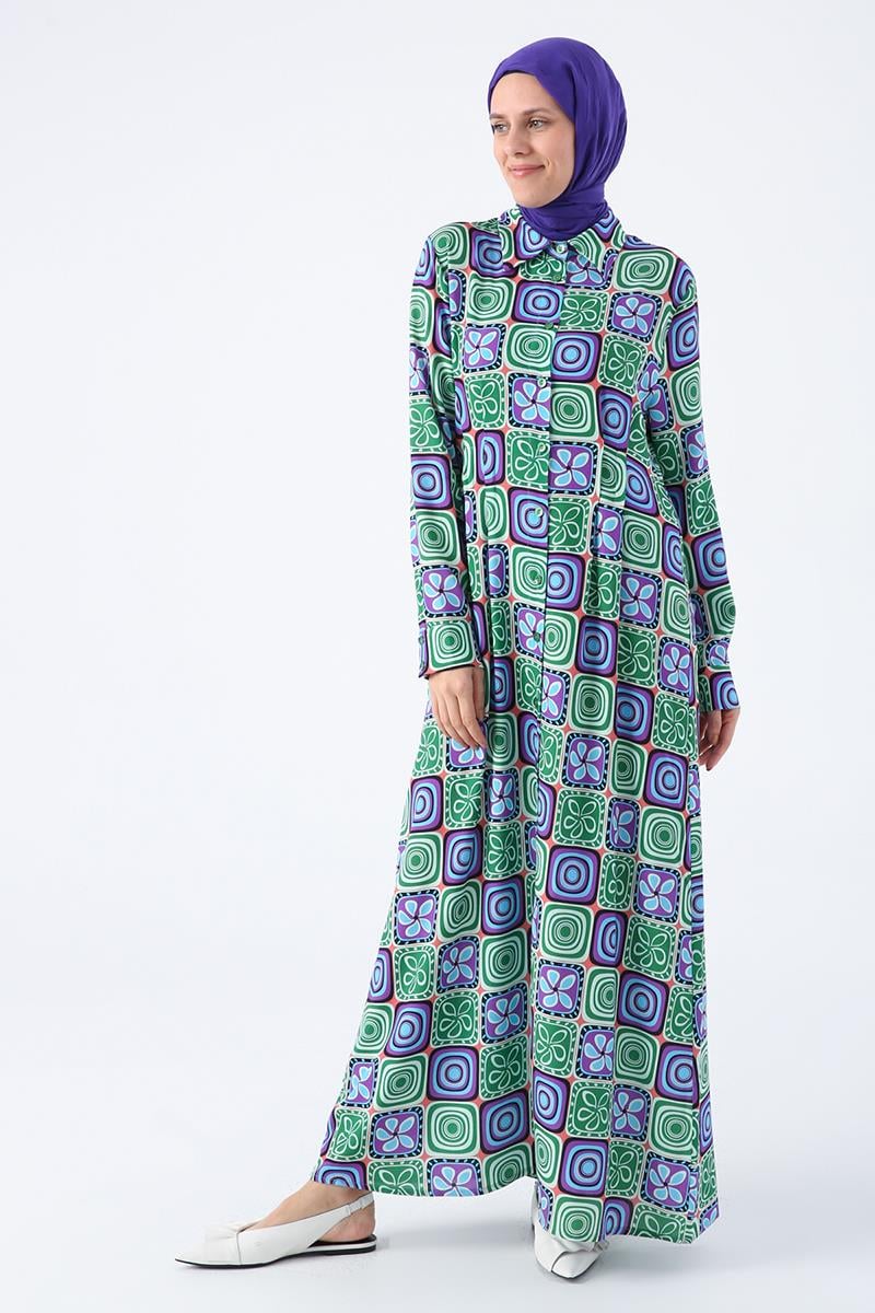 Green-Purple-Pencil Patterned Viscose Shirt Dress