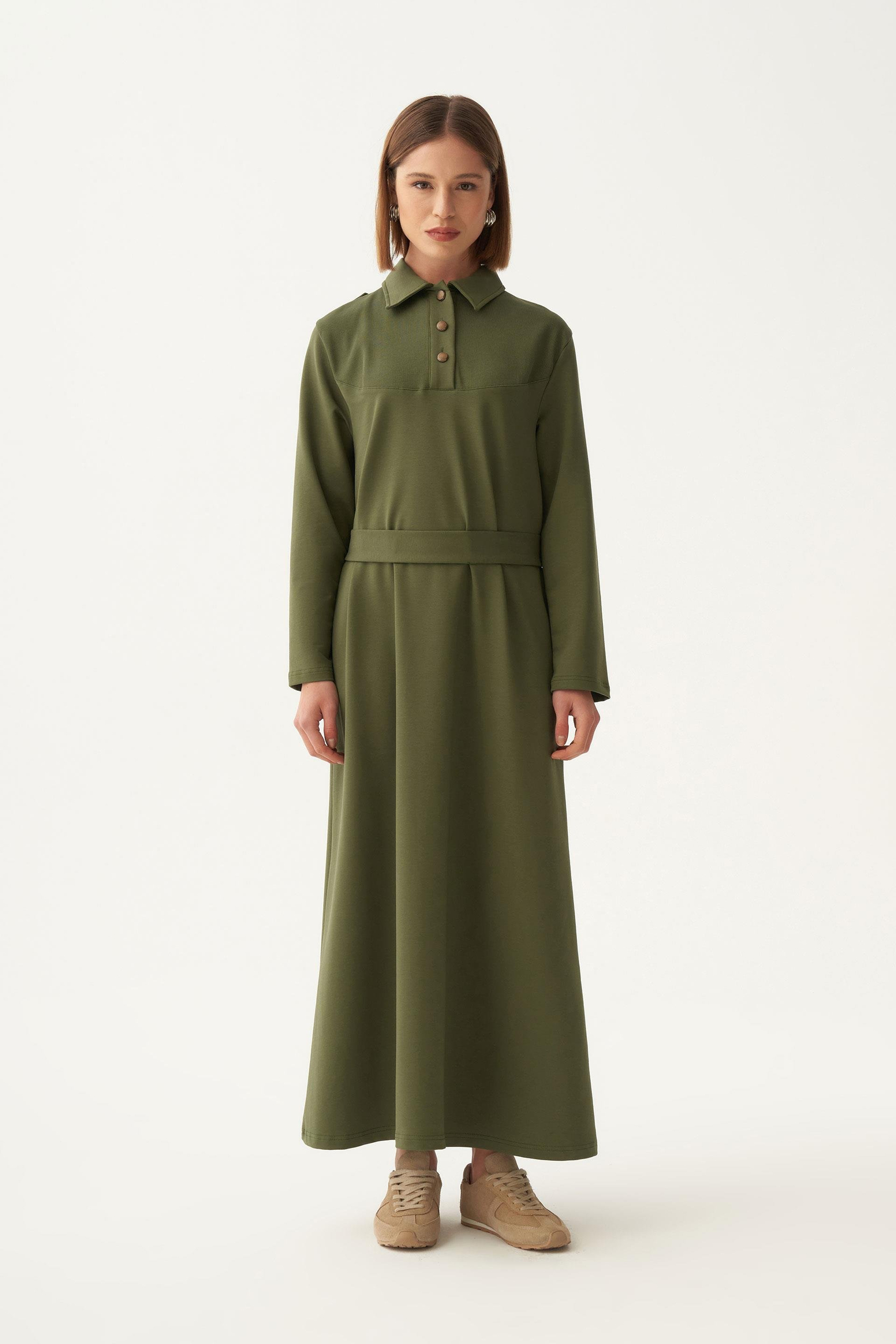 Yeşil-Pamuklu Gömlek Yaka Apoletli Elbise