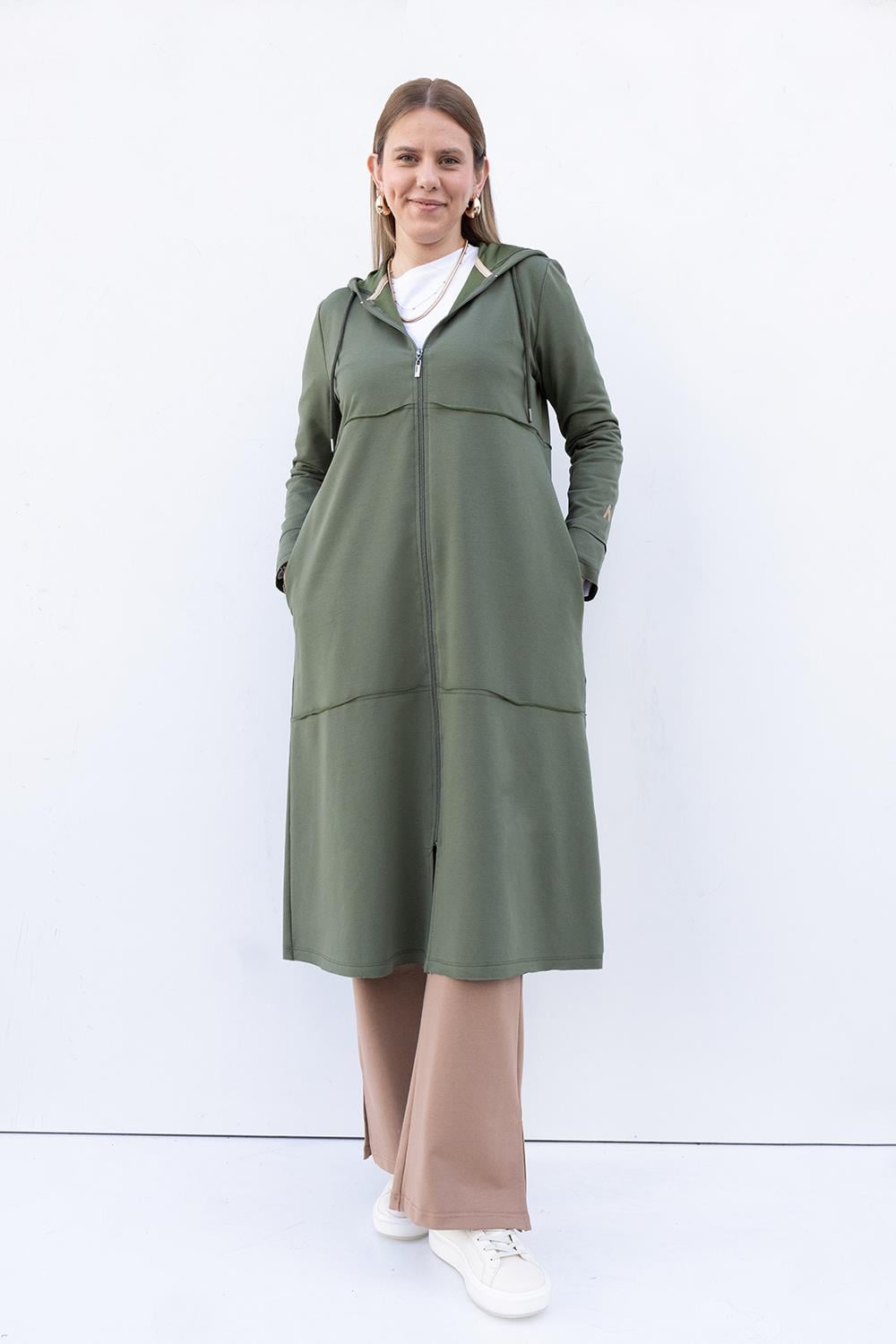 Green-Hooded Zipper Cardigan