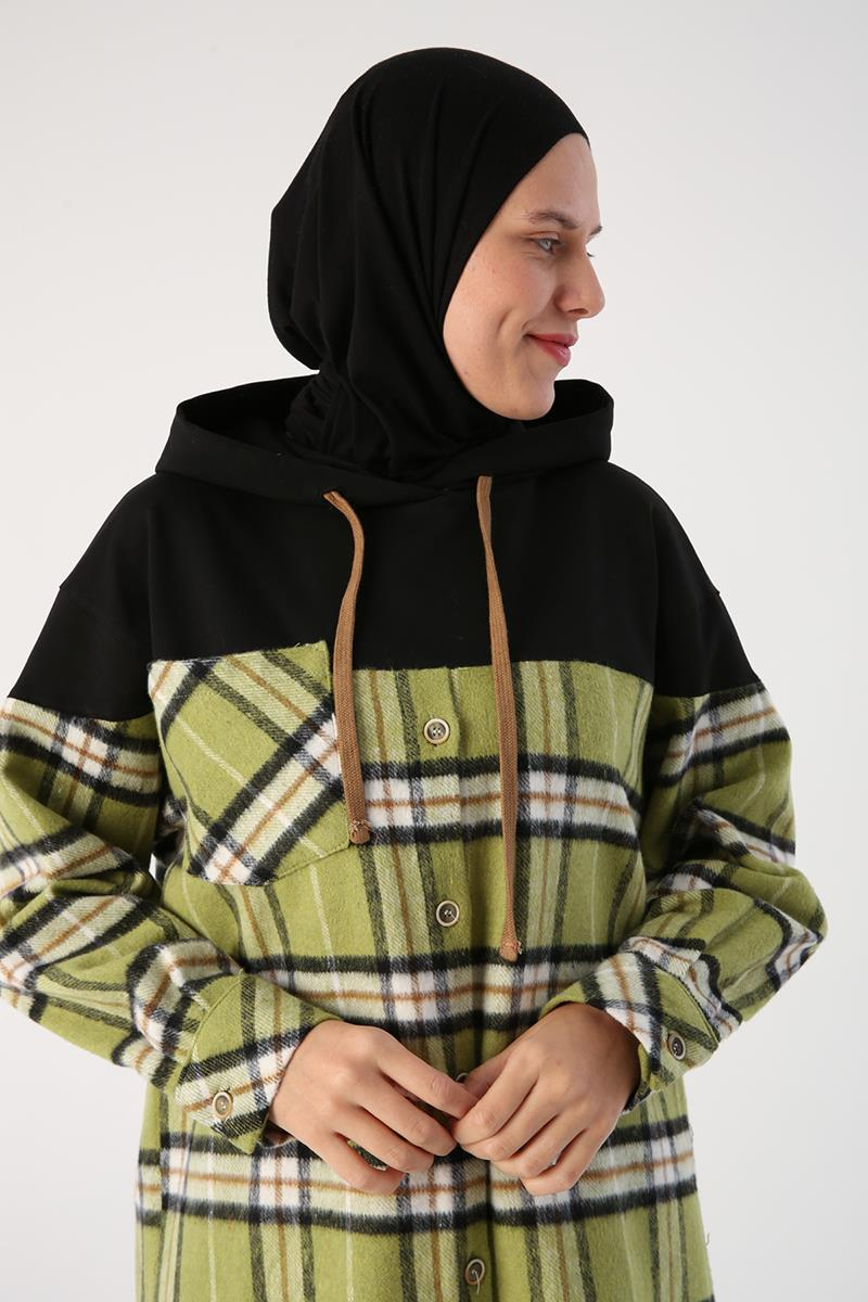 Yeşil-Siyah-Oversize Oduncu Örme Garnili Ekoseli Kapşonlu Tunik