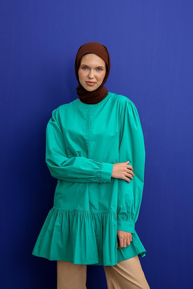 Green01-Ribbed Collarless Cotton Tunic