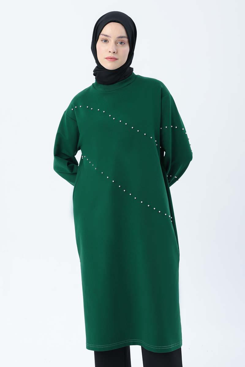 Zümrüt-İncili Uzun Sweat Tunik