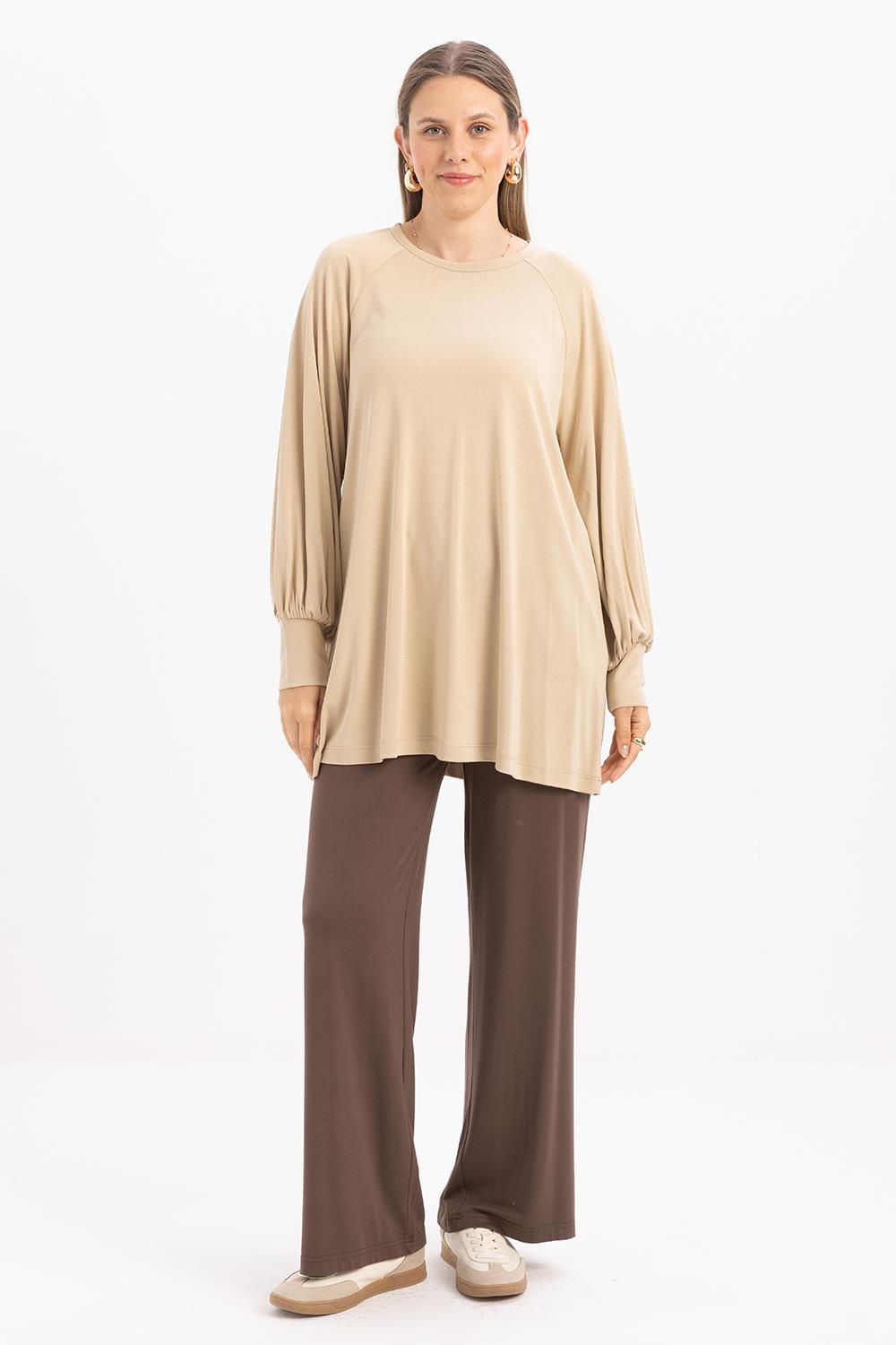 Bej-Pamuklu Kolları Büzgülü Uzun Kollu Likralı T-Shirt