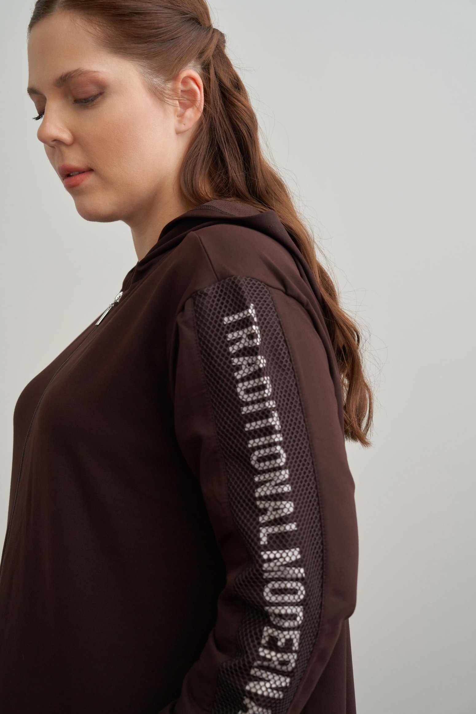 Bitter Brown-Printed Mesh Tracksuit Set