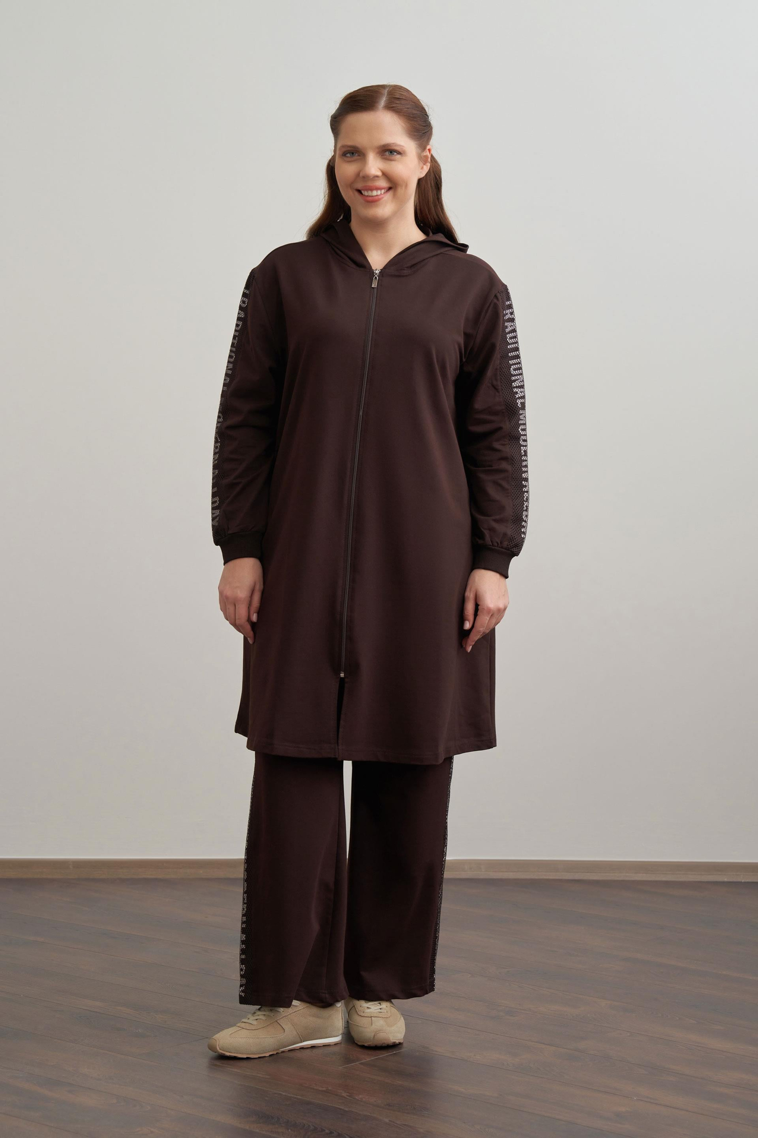Bitter Brown-Printed Mesh Tracksuit Set