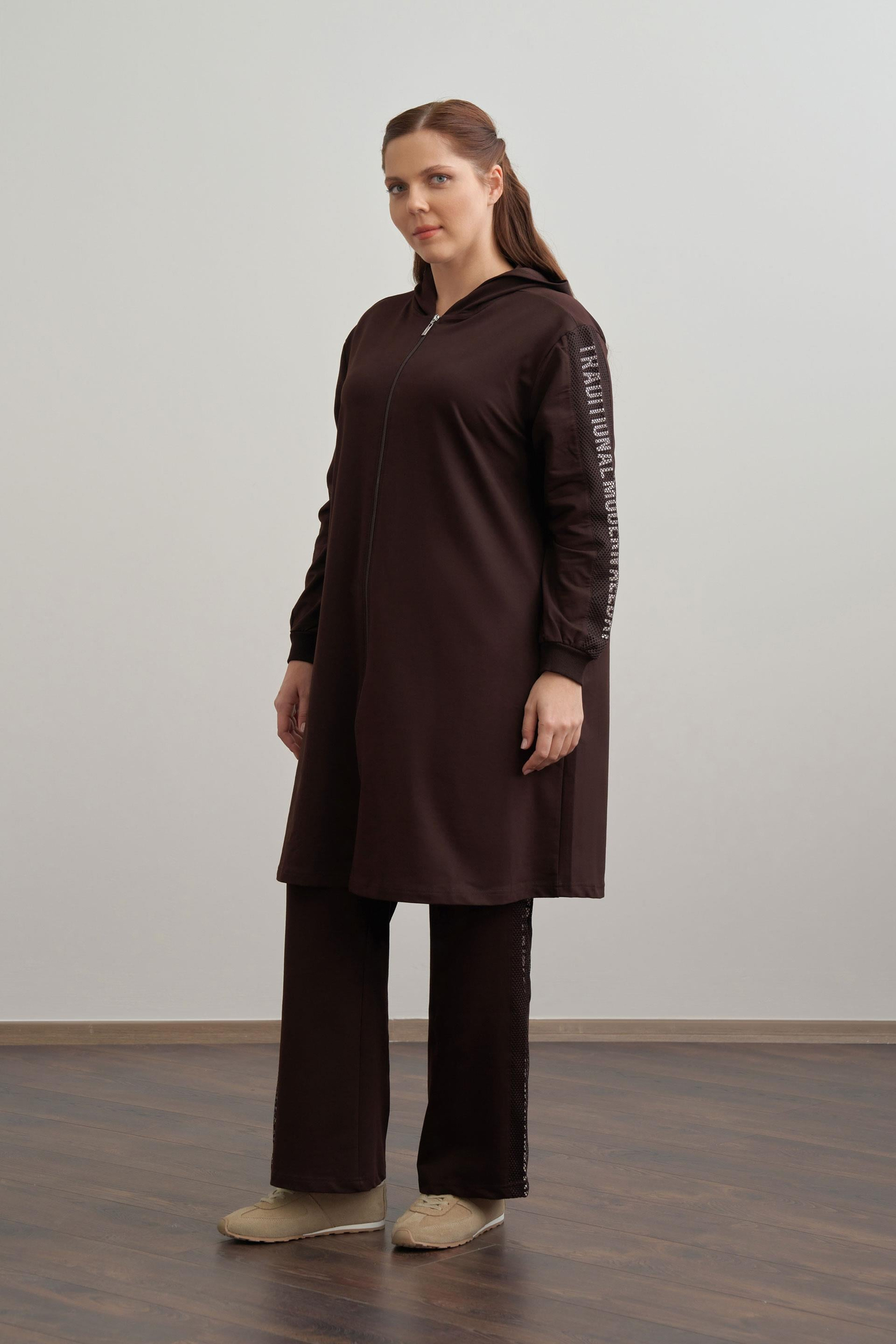 Bitter Brown-Printed Mesh Tracksuit Set