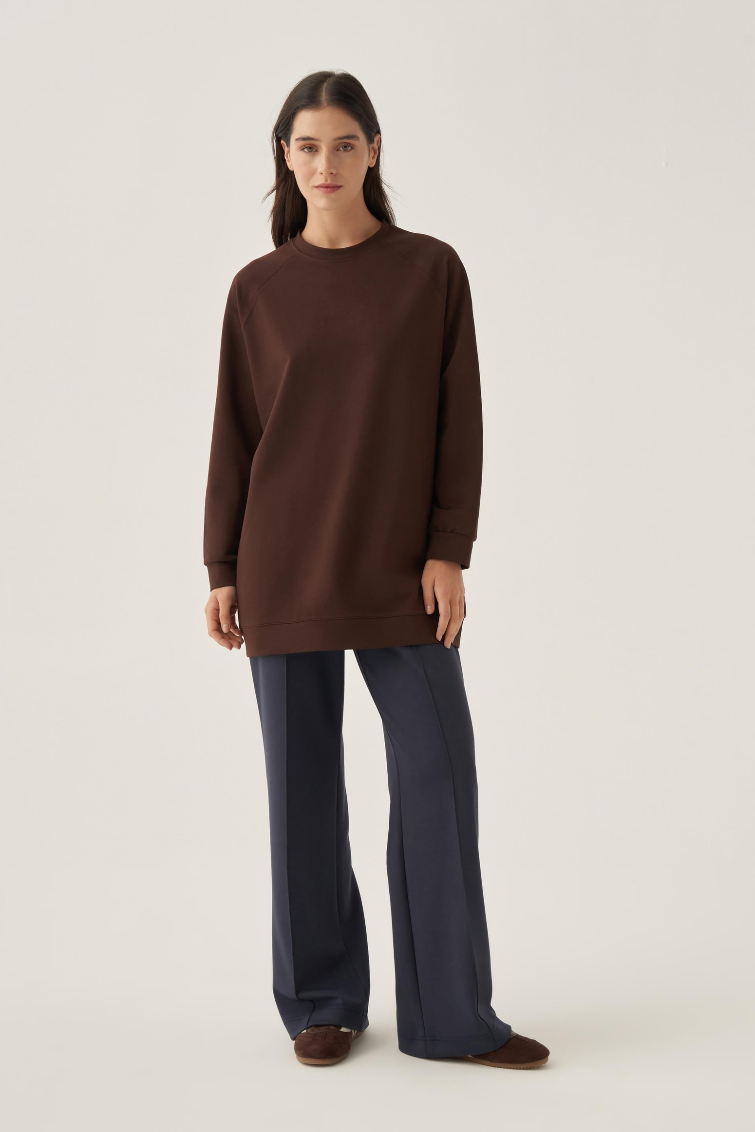 Acı Kahve-Bisiklet Yaka Reglan Kol Sweatshirt
