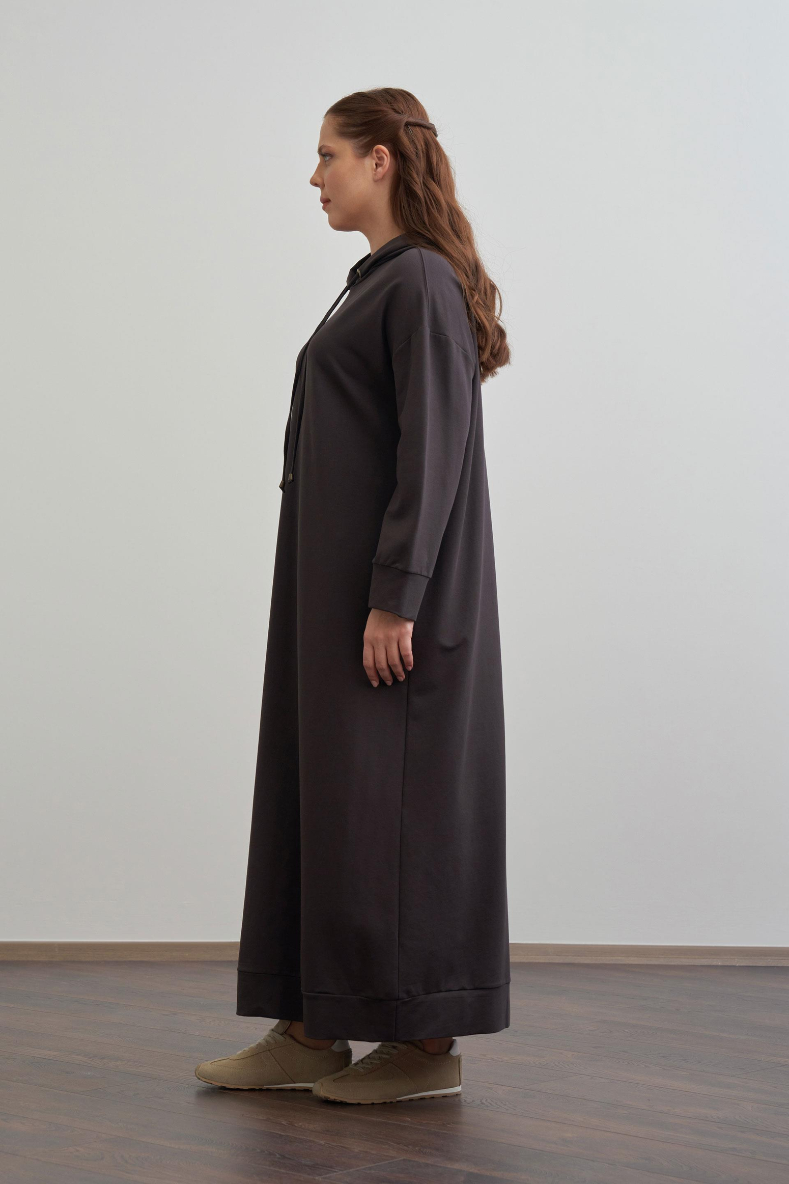 Dark Brown - Plus Size Hooded Stretch Basic Dress