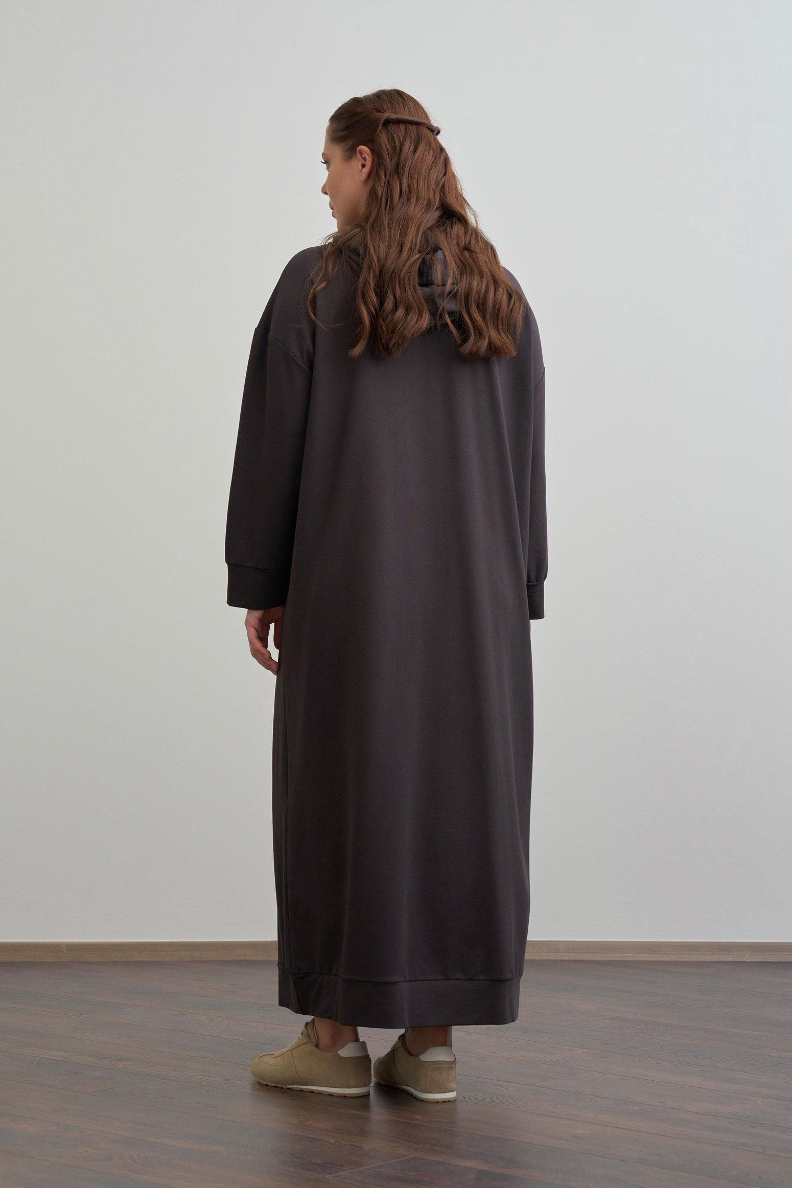 Dark Brown - Plus Size Hooded Stretch Basic Dress