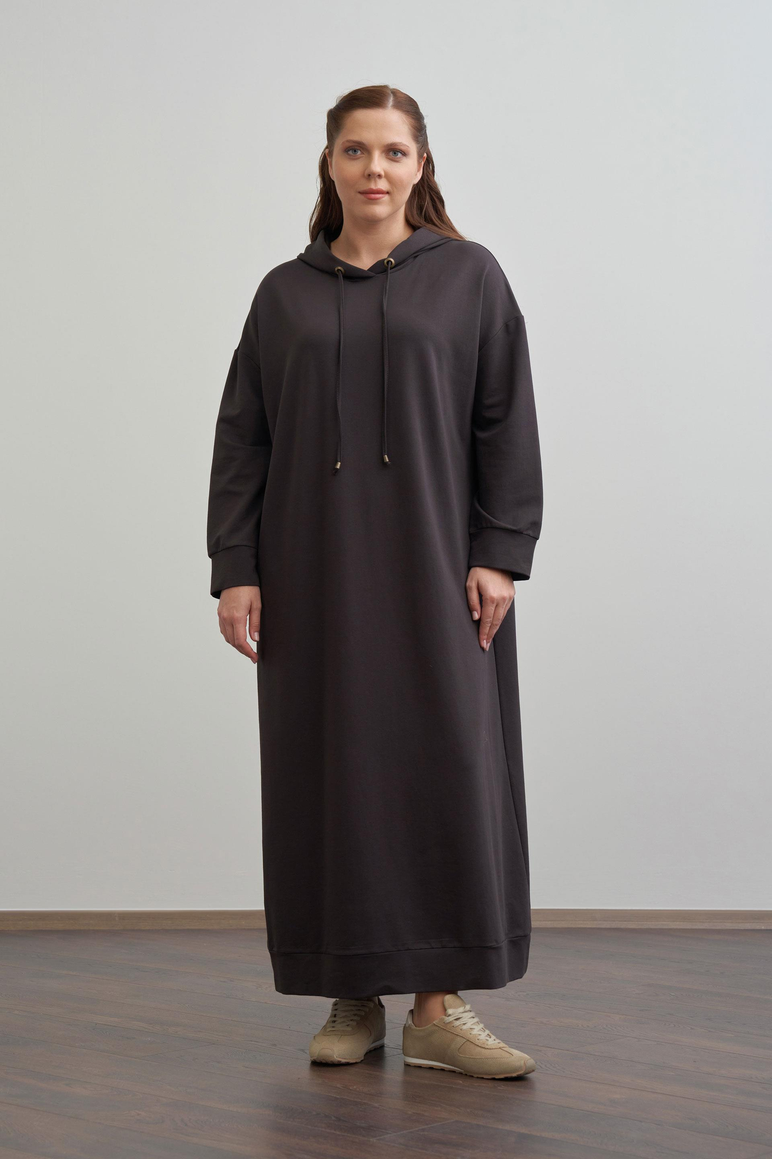 Dark Brown - Plus Size Hooded Stretch Basic Dress