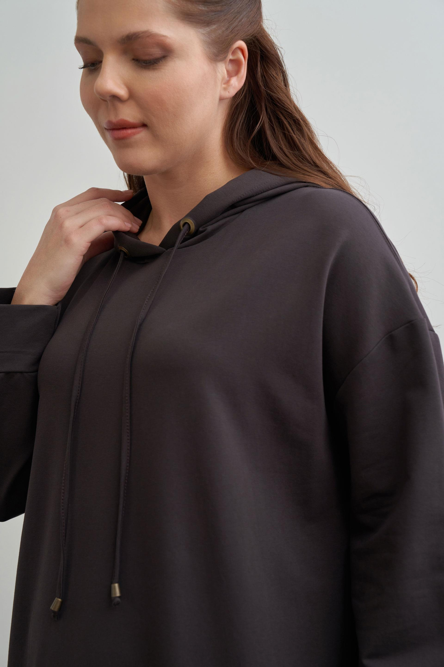 Dark Brown - Plus Size Hooded Stretch Basic Dress