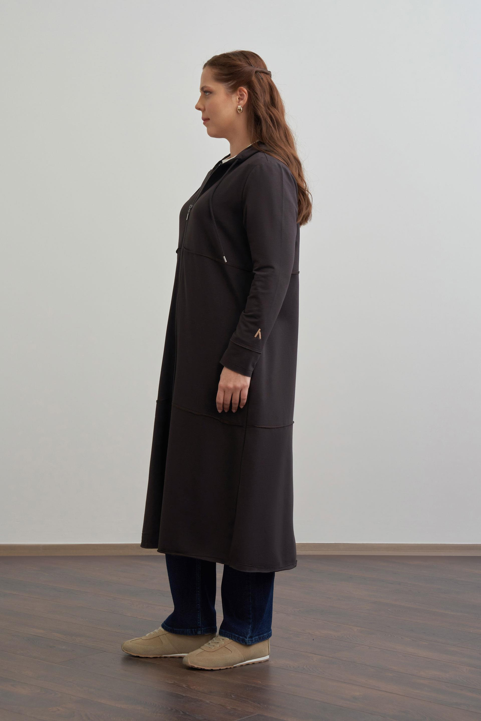 Marron Foncé - Gilet Grande Taille Zippé en Jersey à Coutures Extérieures