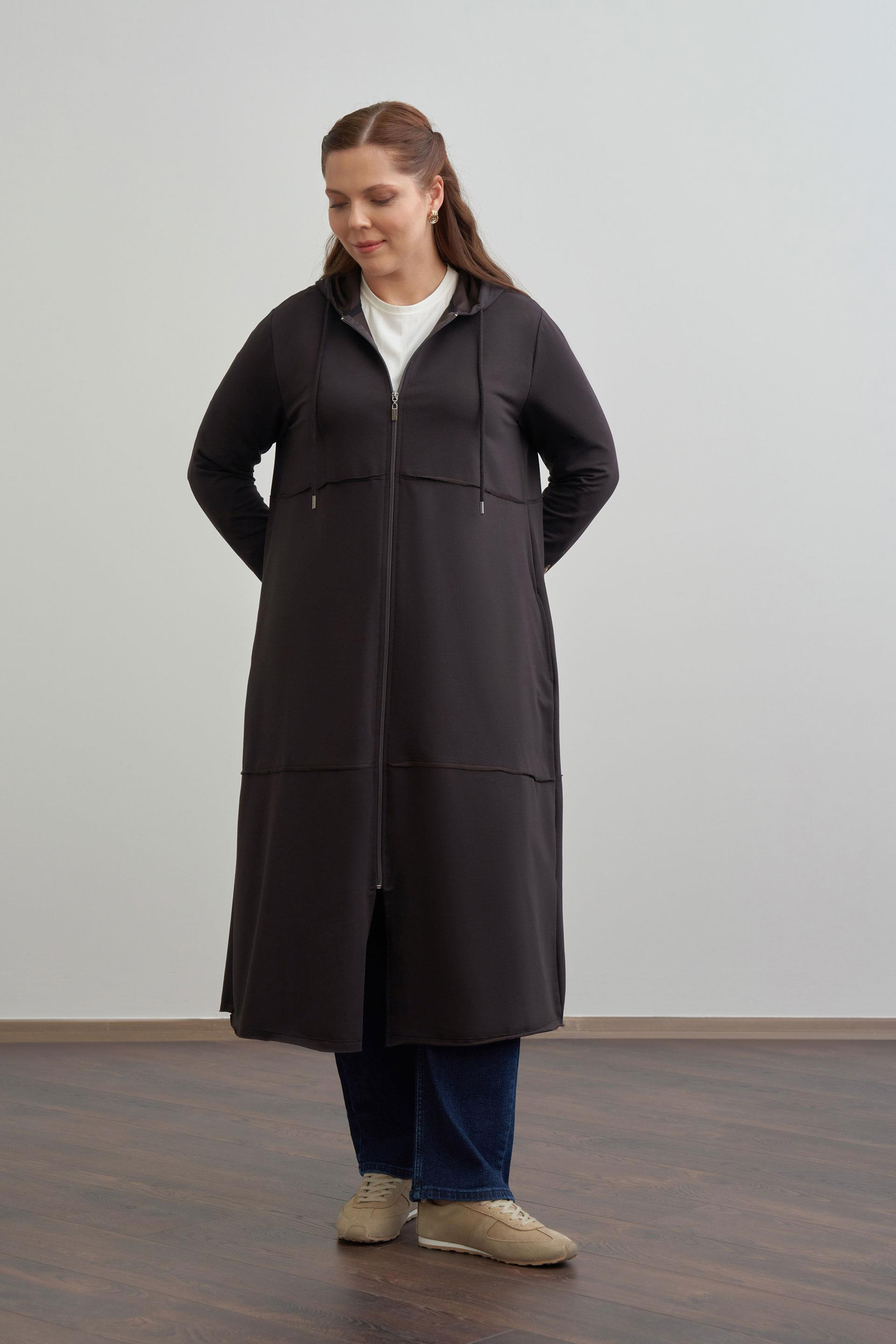 Marron Foncé - Gilet Grande Taille Zippé en Jersey à Coutures Extérieures