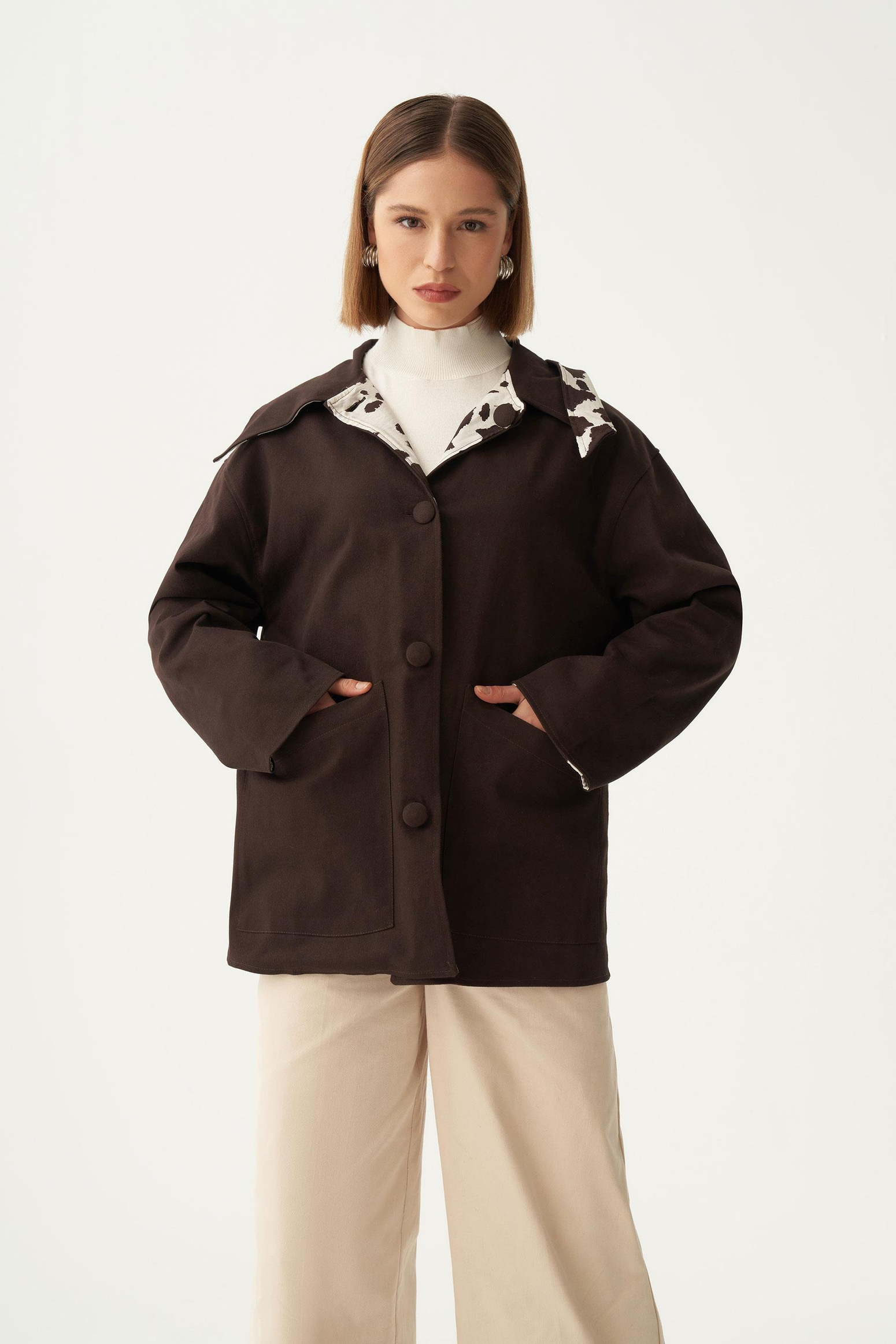 Acı Kahve-Çift Yönlü Gabardin Kapitone Ceket