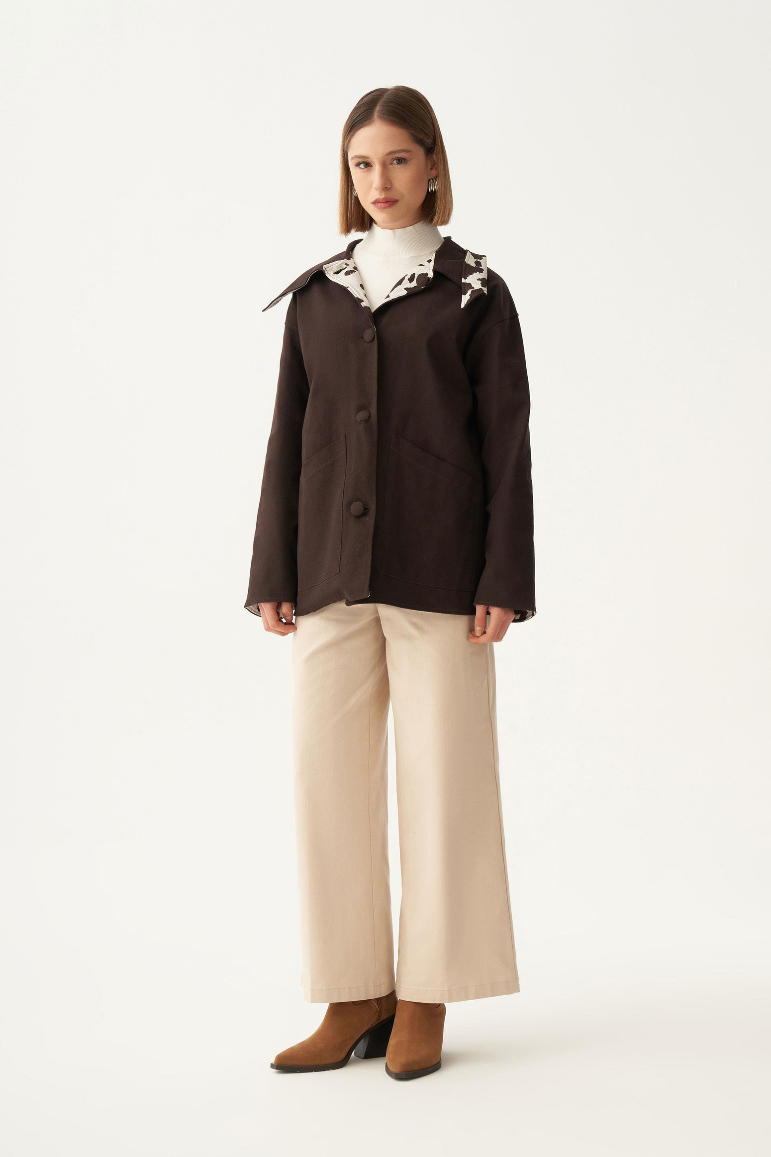 Acı Kahve-Çift Yönlü Gabardin Kapitone Ceket