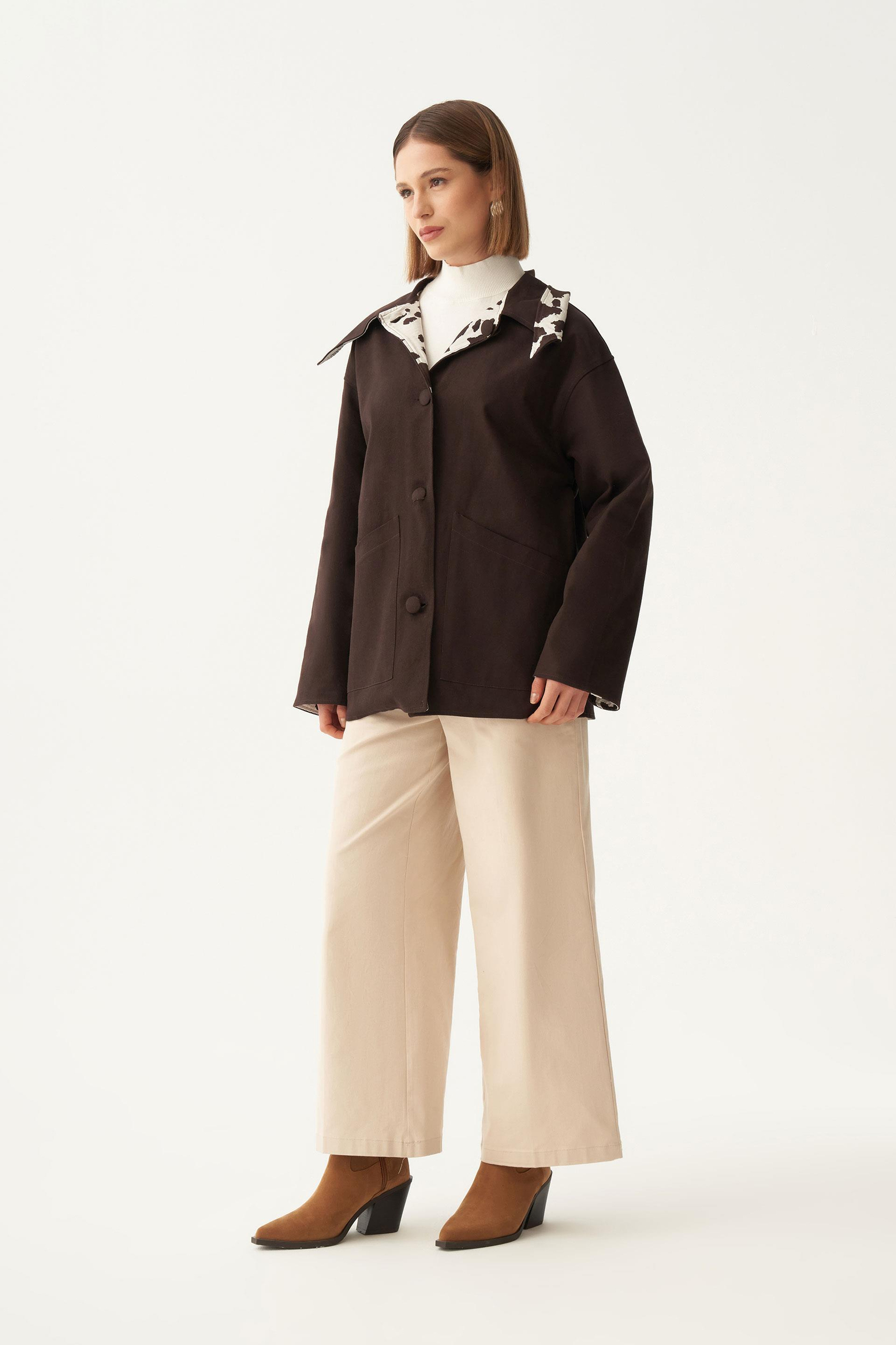 Acı Kahve-Çift Yönlü Gabardin Kapitone Ceket