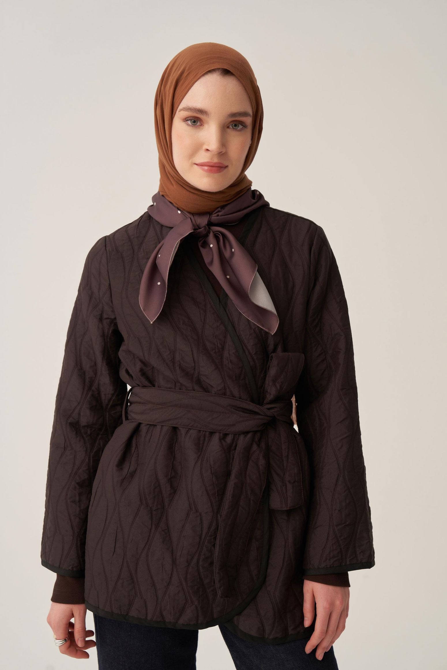 Acı Kahve-İnce Kapitone Kruvaze Kuşaklı Ceket