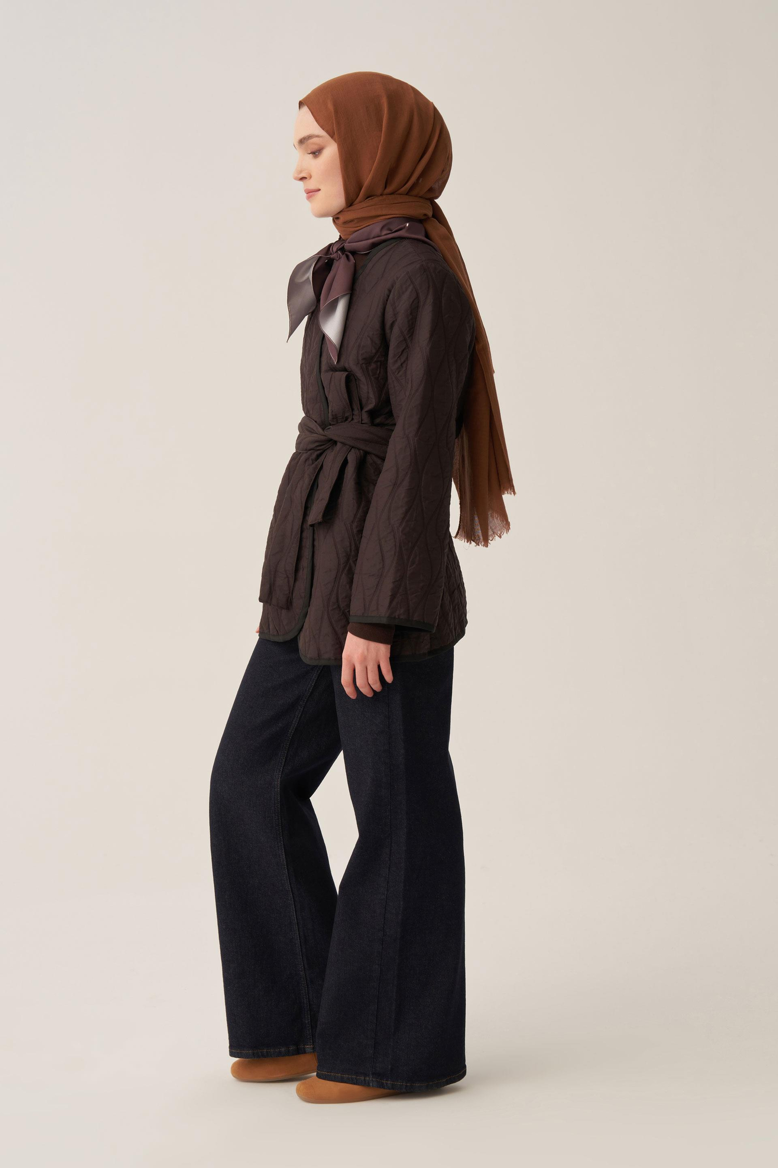 Acı Kahve-İnce Kapitone Kruvaze Kuşaklı Ceket