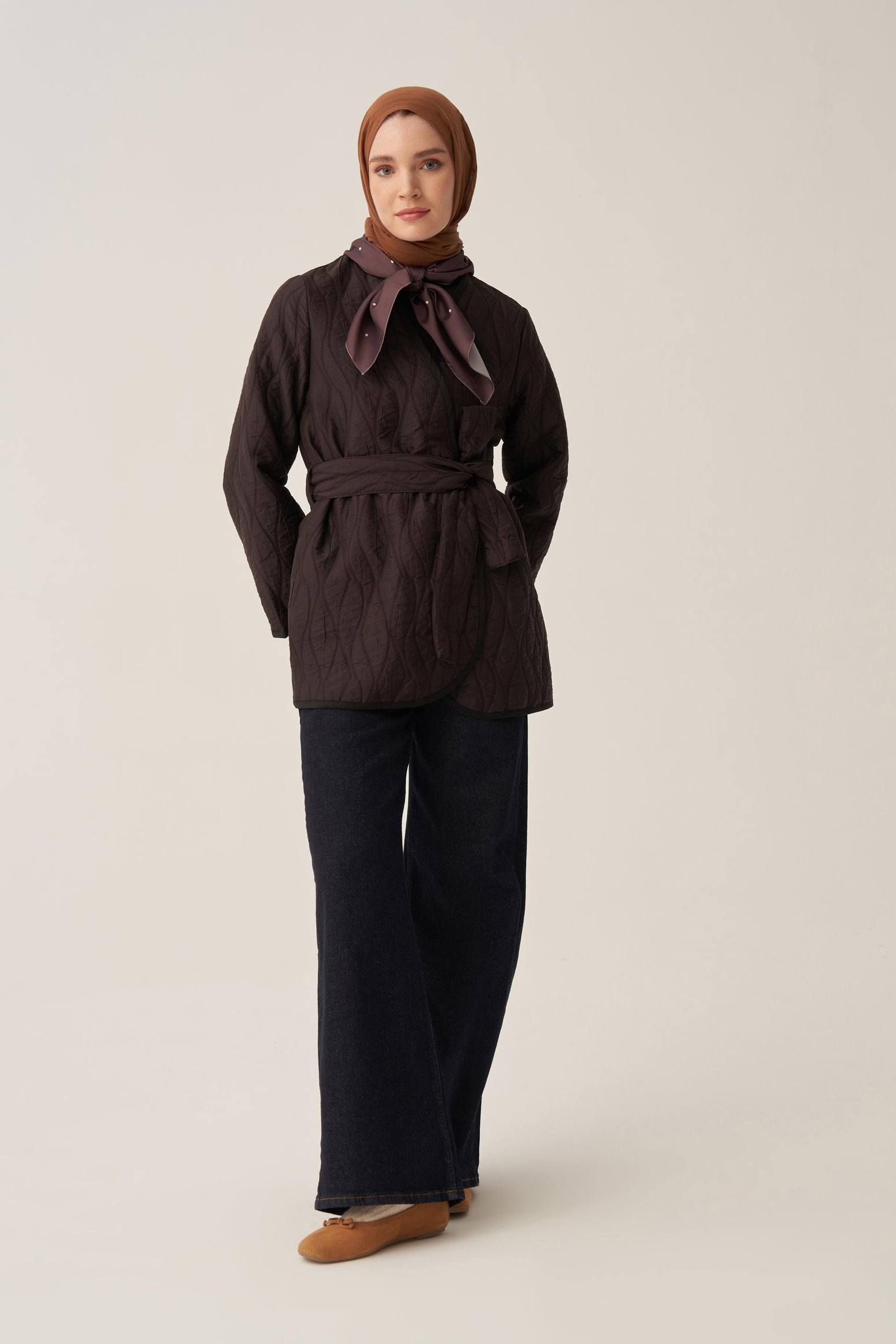 Acı Kahve-İnce Kapitone Kruvaze Kuşaklı Ceket