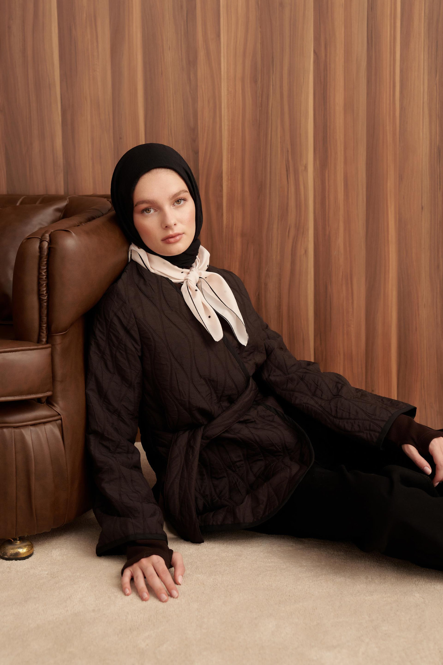 Dark Brown-Thin Quilted Double-Breasted Belted Jacket