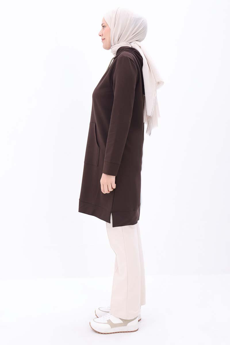 Acı Kahve-Kapüşonlu Kordonlu Sweat Tunik