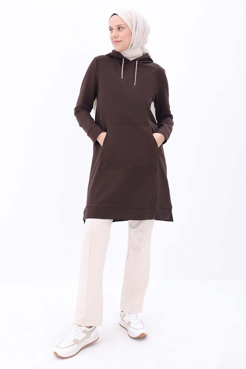 Acı Kahve-Kapüşonlu Kordonlu Sweat Tunik