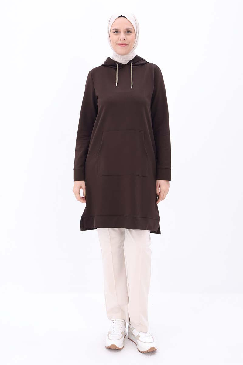 Acı Kahve-Kapüşonlu Kordonlu Sweat Tunik