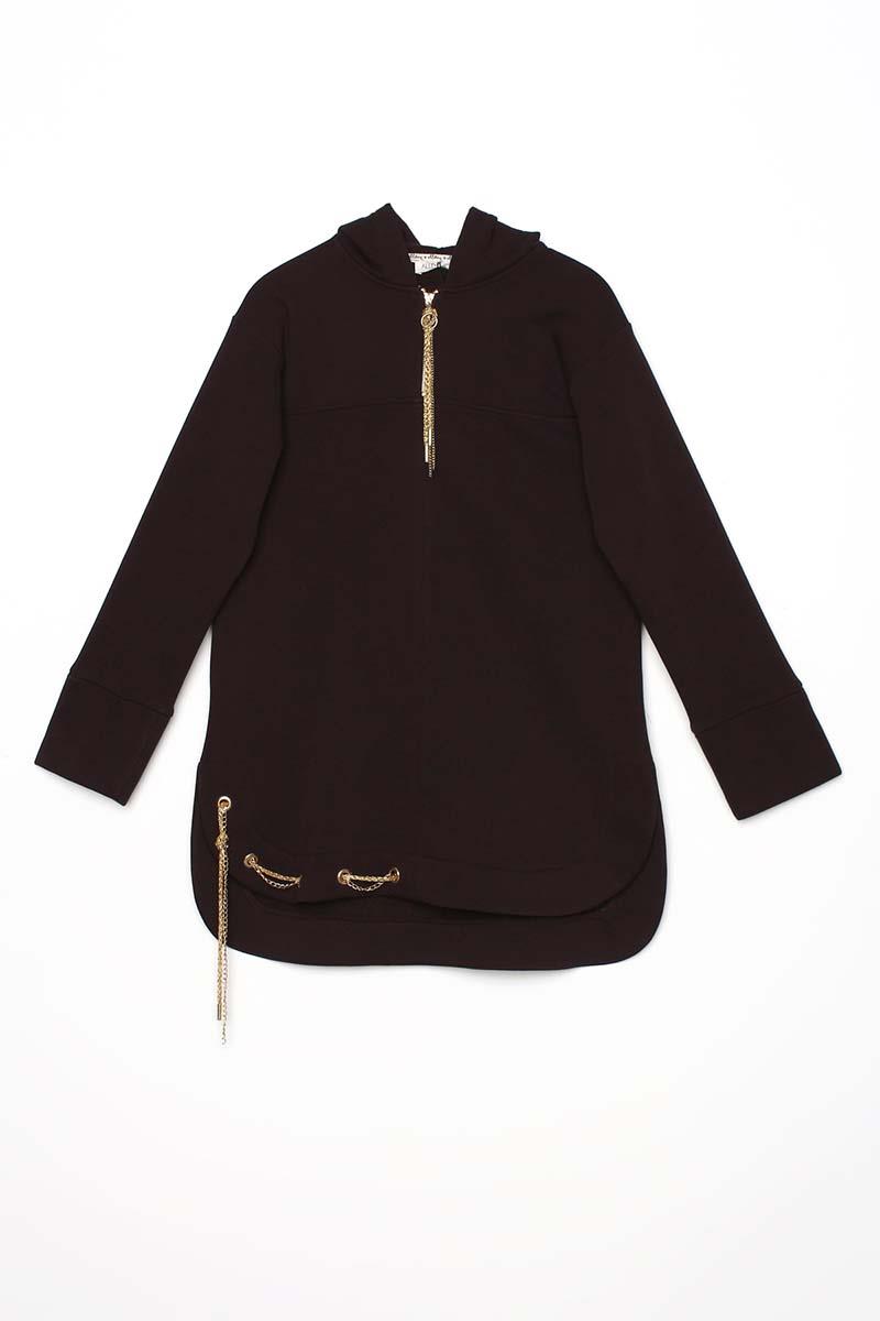 Acı Kahve-Kapüşonlu Zincirli Sim Detaylı Şardonlu Sweat Tunik