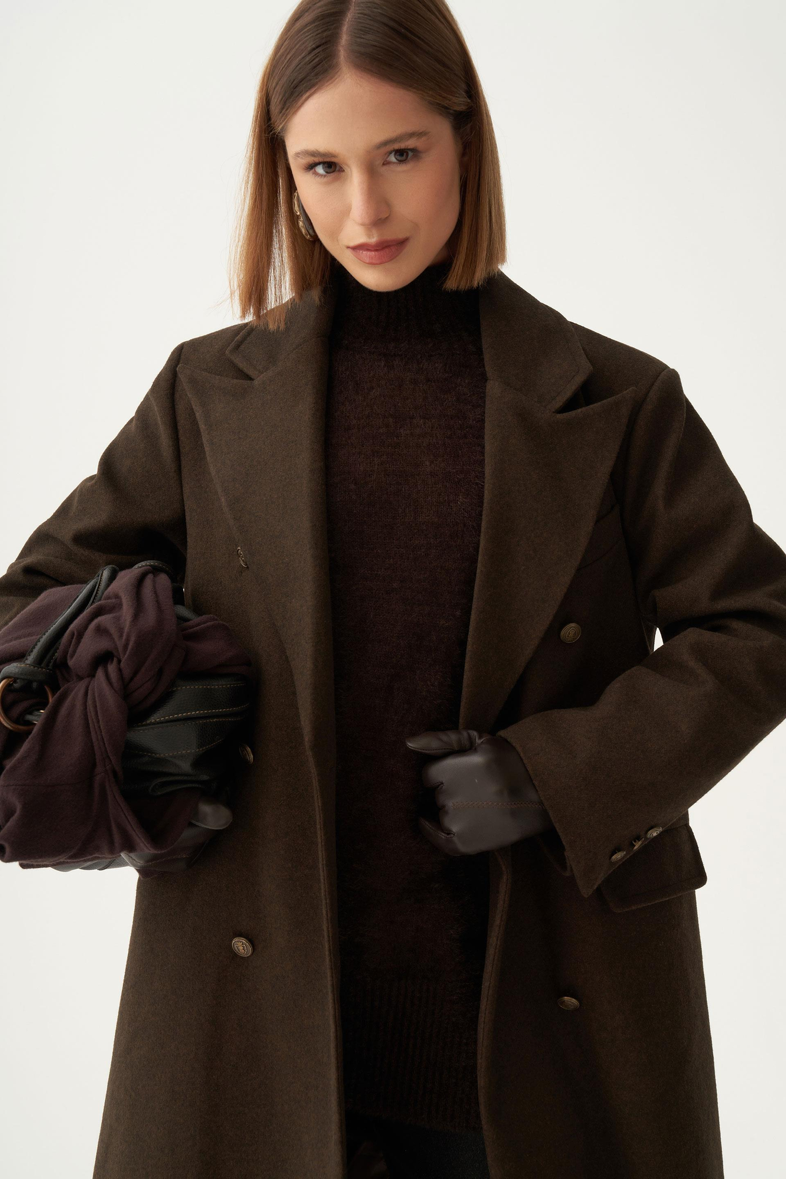 Acı Kahve-Kruvaze Uzun Kaşe Kaban