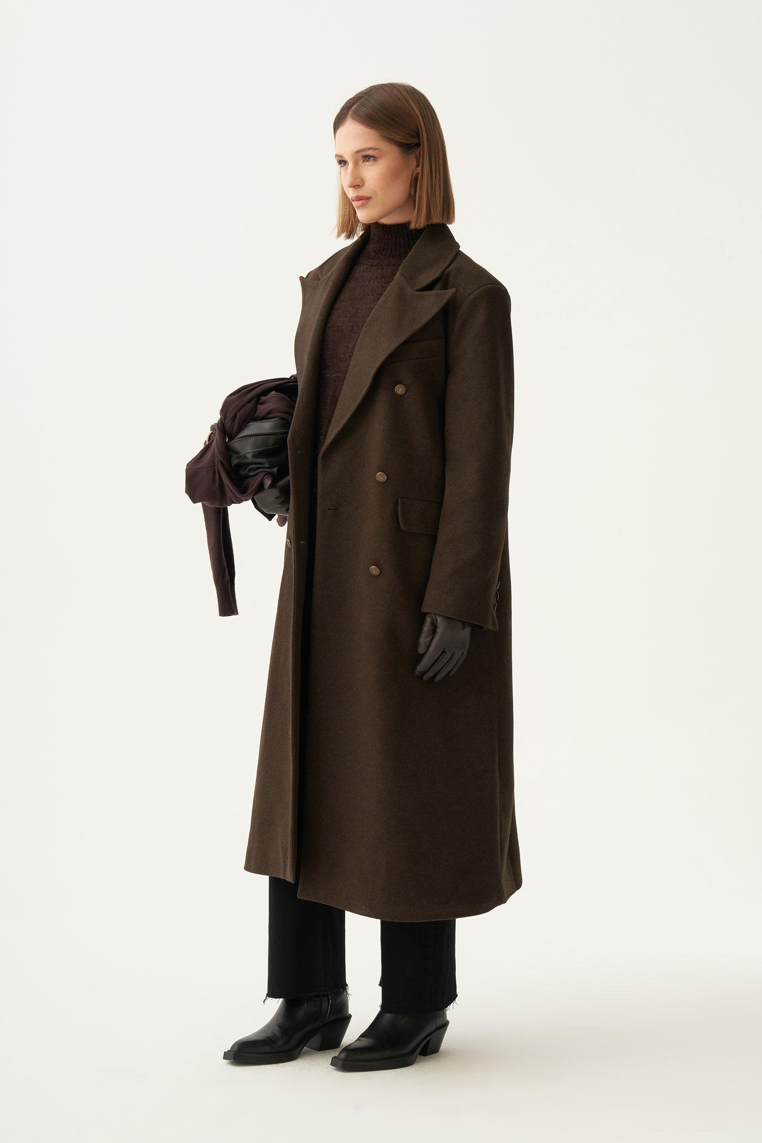 Acı Kahve-Kruvaze Uzun Kaşe Kaban