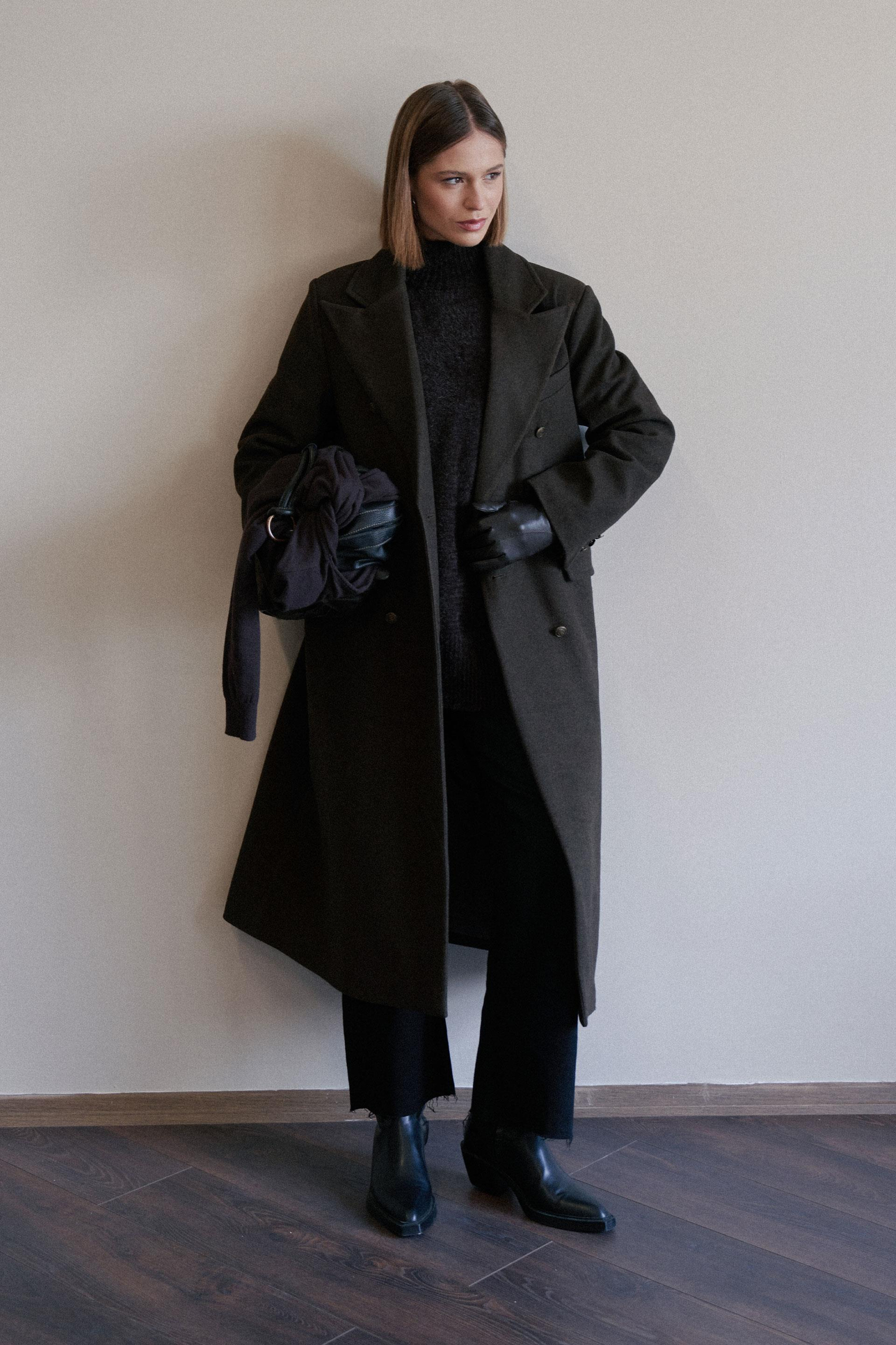 Acı Kahve-Kruvaze Uzun Kaşe Kaban