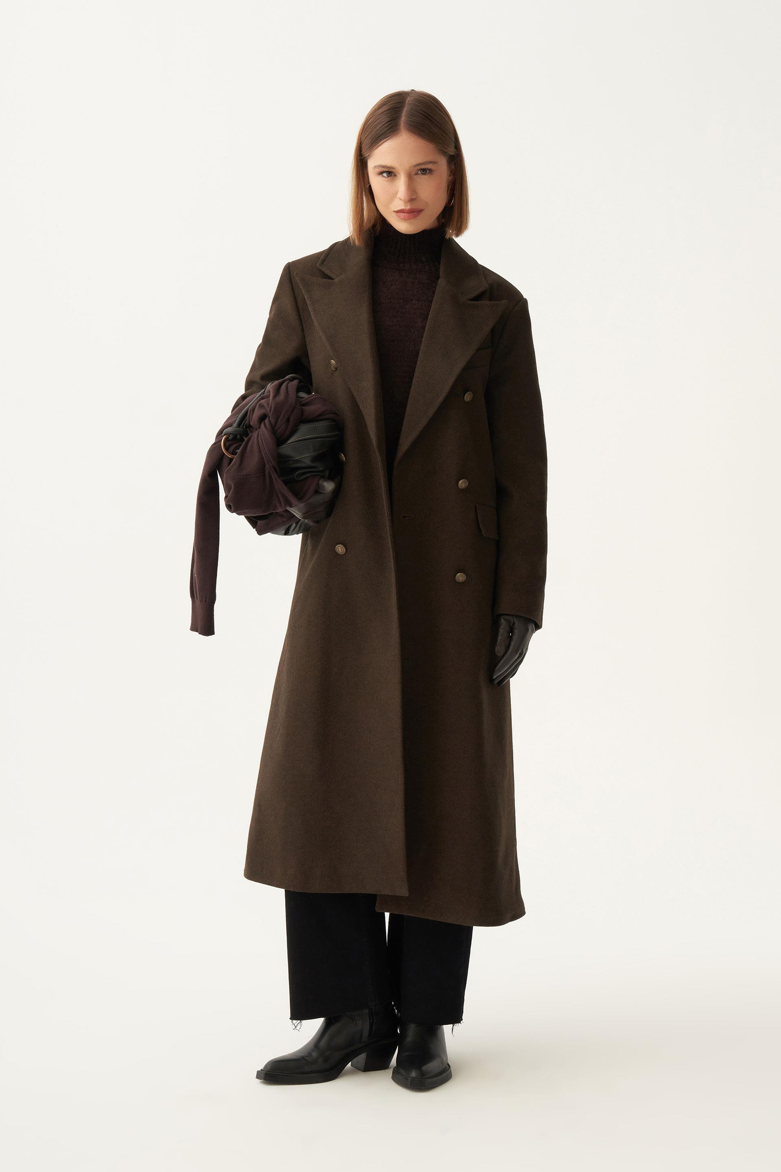 Acı Kahve-Kruvaze Uzun Kaşe Kaban