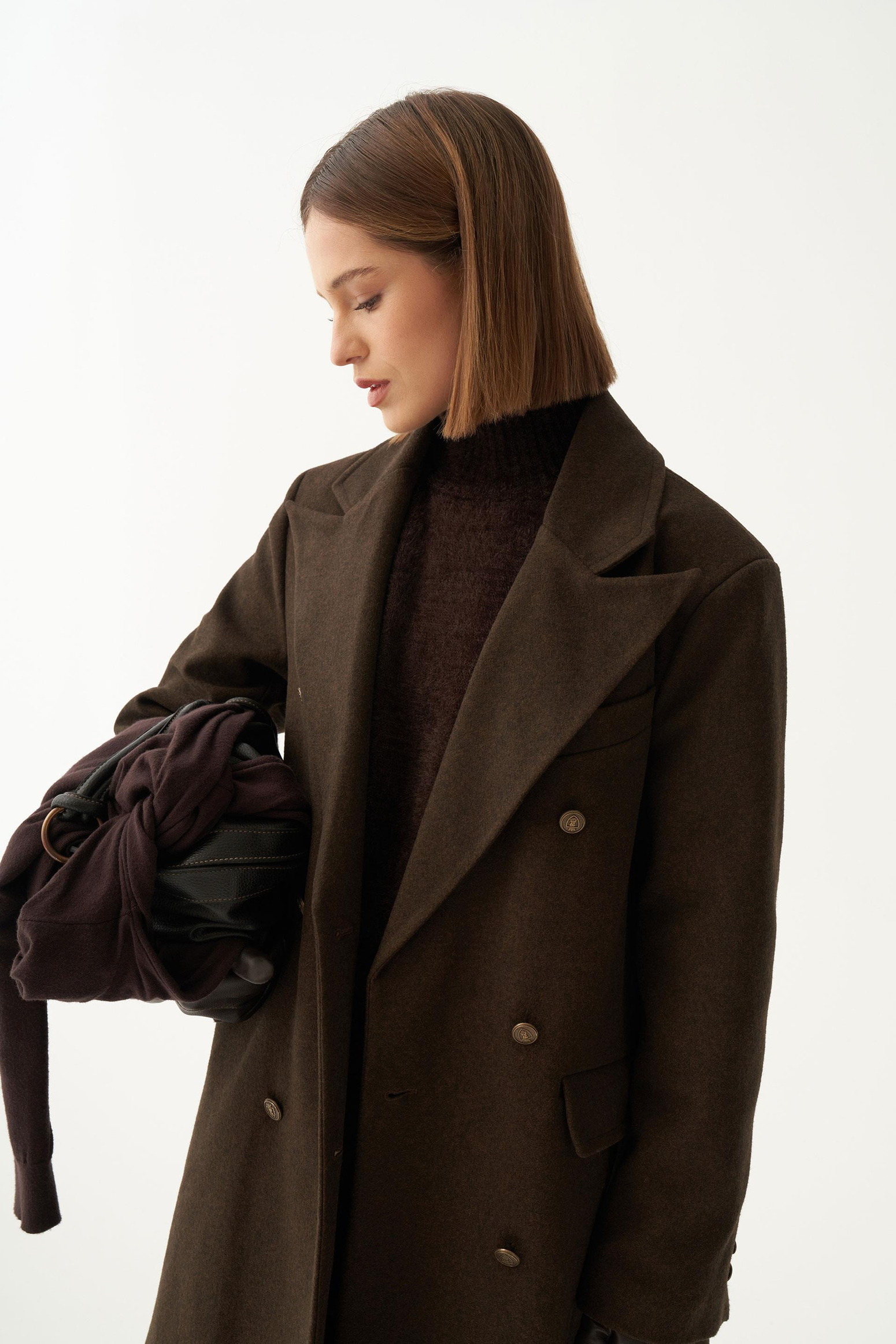 Acı Kahve-Kruvaze Uzun Kaşe Kaban