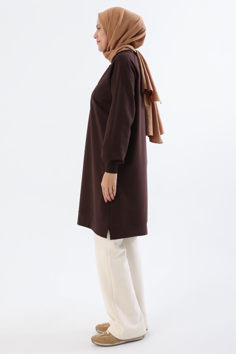 Acı Kahve-Mode Nakışlı Reglan Kol Tunik