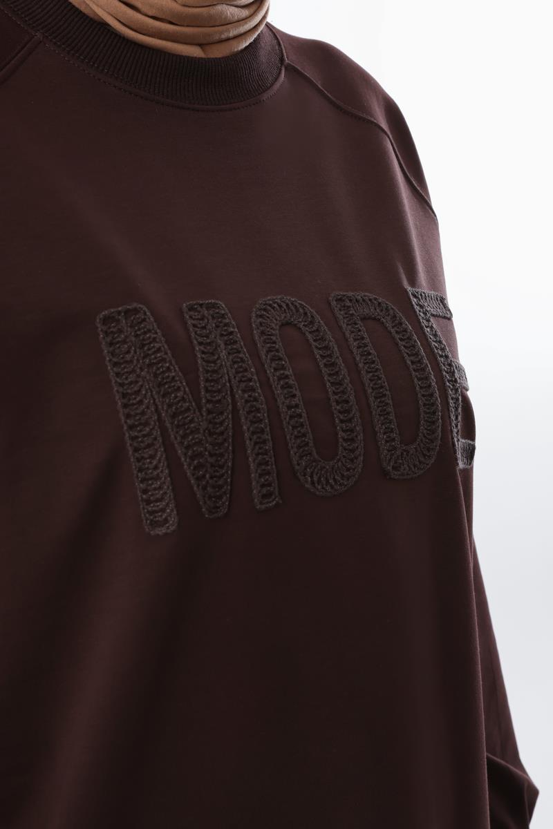 Acı Kahve-Mode Nakışlı Reglan Kol Tunik