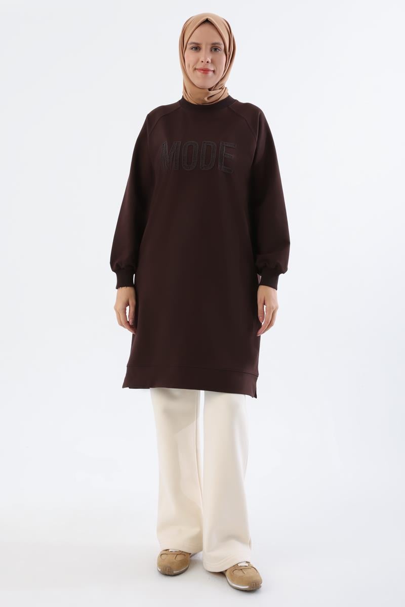 Acı Kahve-Mode Nakışlı Reglan Kol Tunik