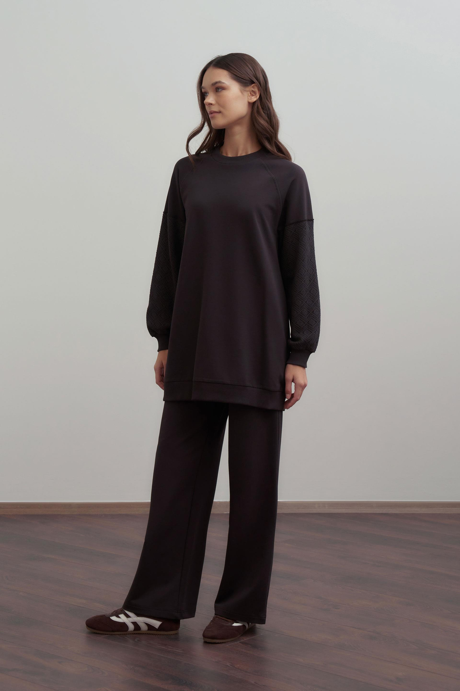 Acı Kahve-Pamuklu Dantel Garnili Eşofman Takımı