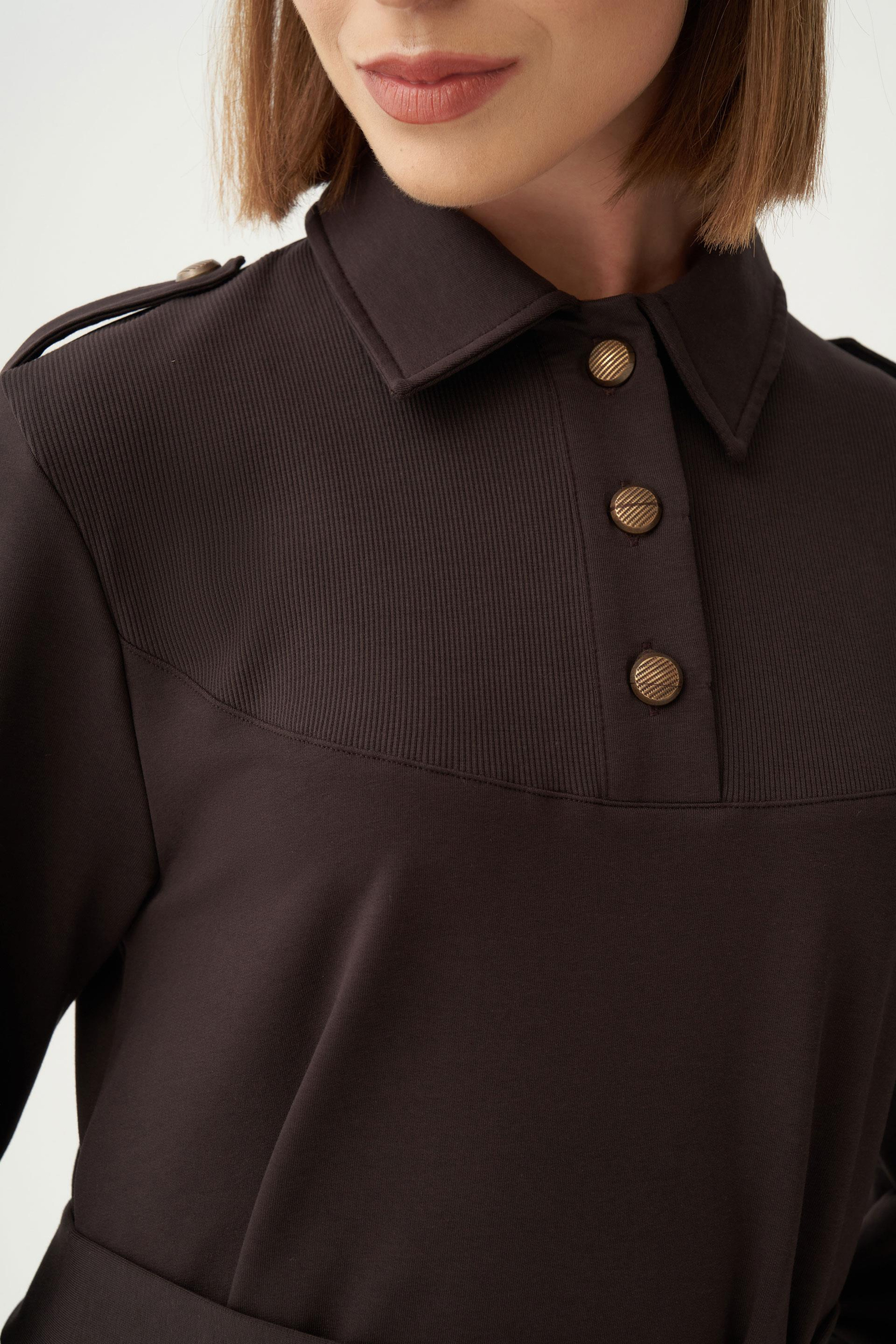 Acı Kahve-Pamuklu Gömlek Yaka Apoletli Elbise