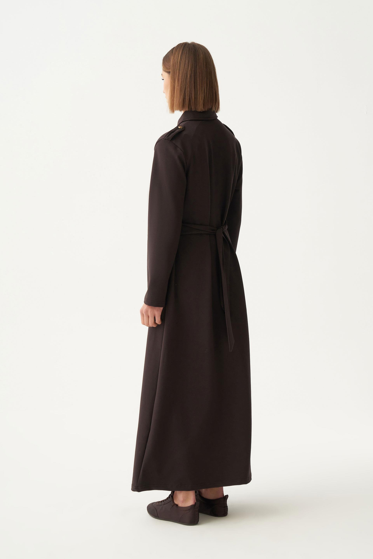 Acı Kahve-Pamuklu Gömlek Yaka Apoletli Elbise