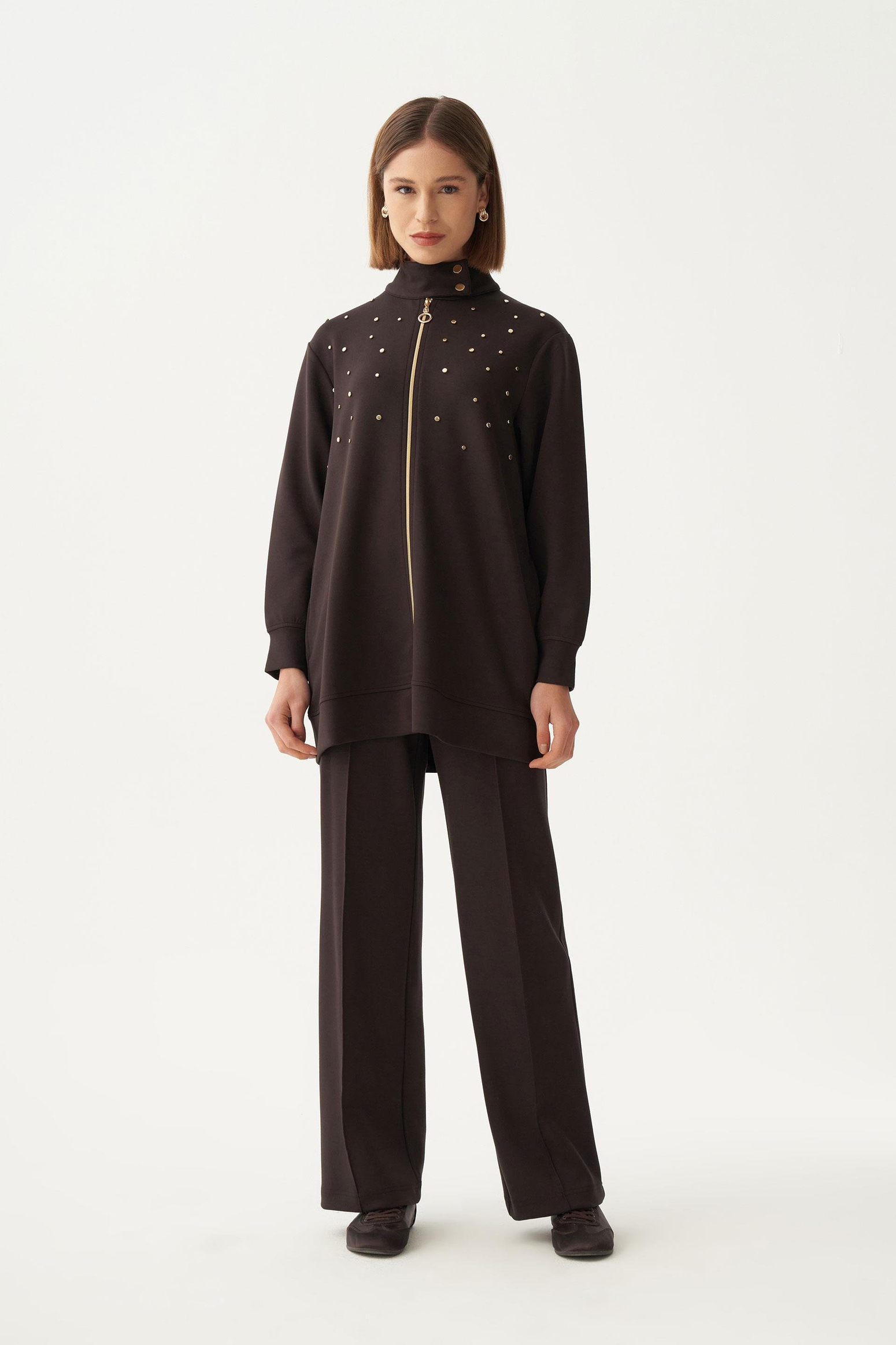 Acı Kahve-Yumuşak Dokulu Gold Droplu Eşofman Takımı